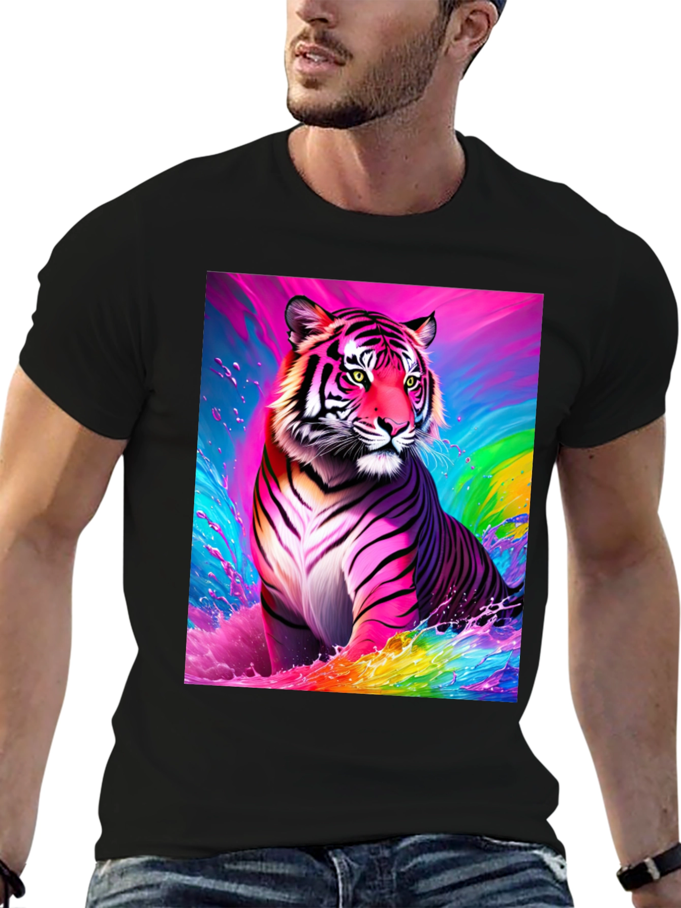 Rainbow Tiger Graphic Tee - Bold Black T-Shirt