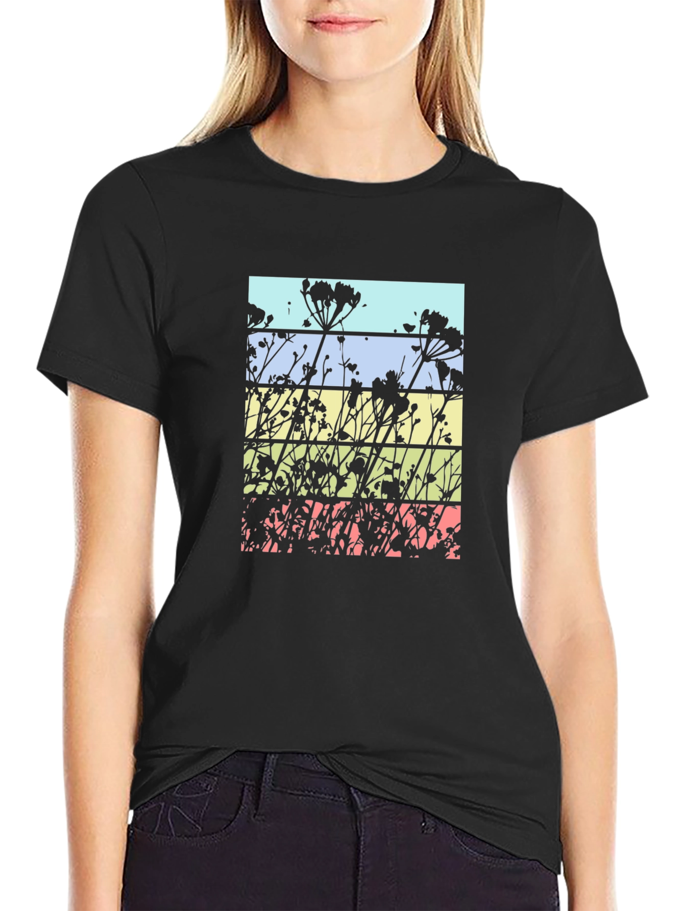 Black Floral Silhouette T-Shirt