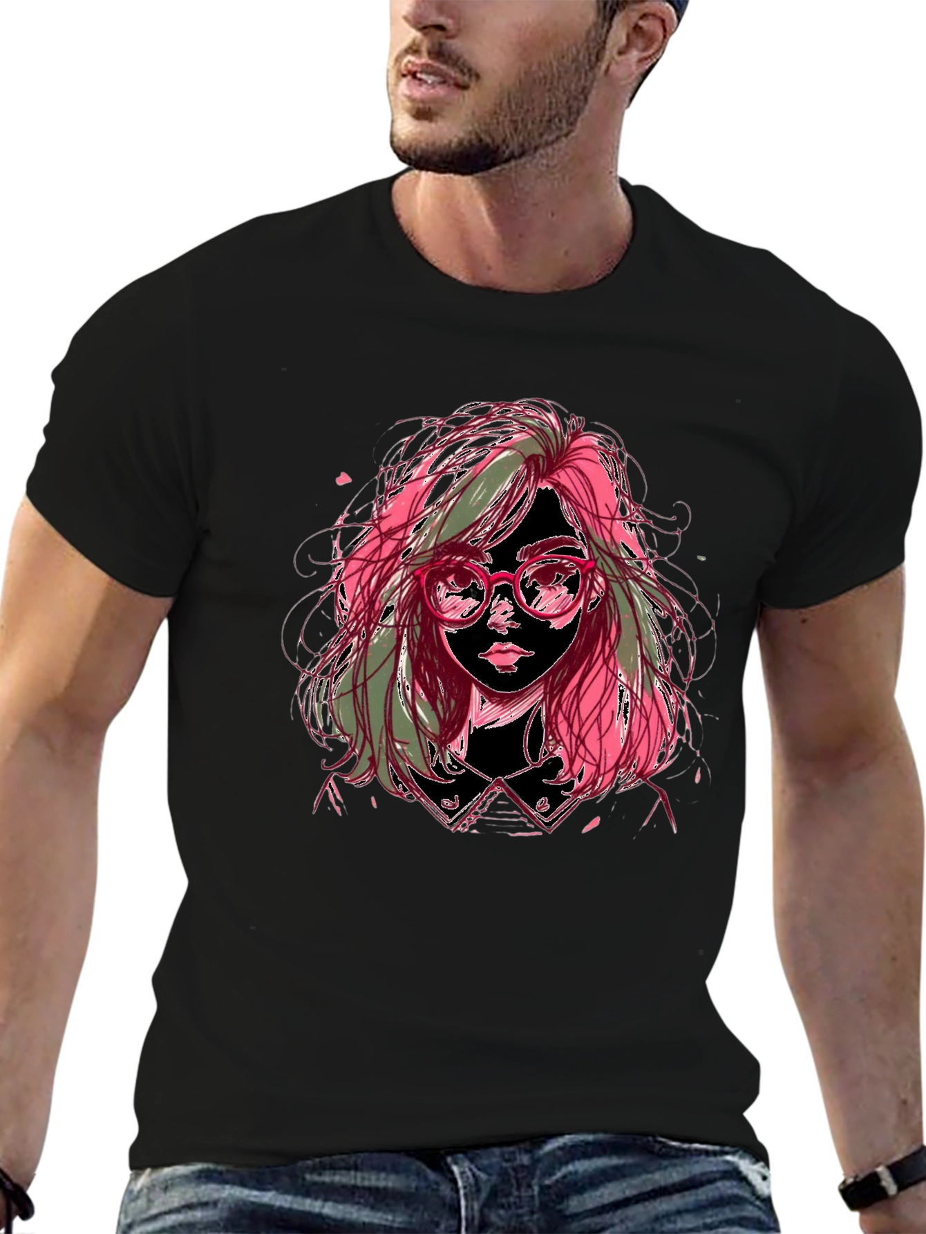 Artistic Girl Graphic Tee - Stylish Black T-Shirt