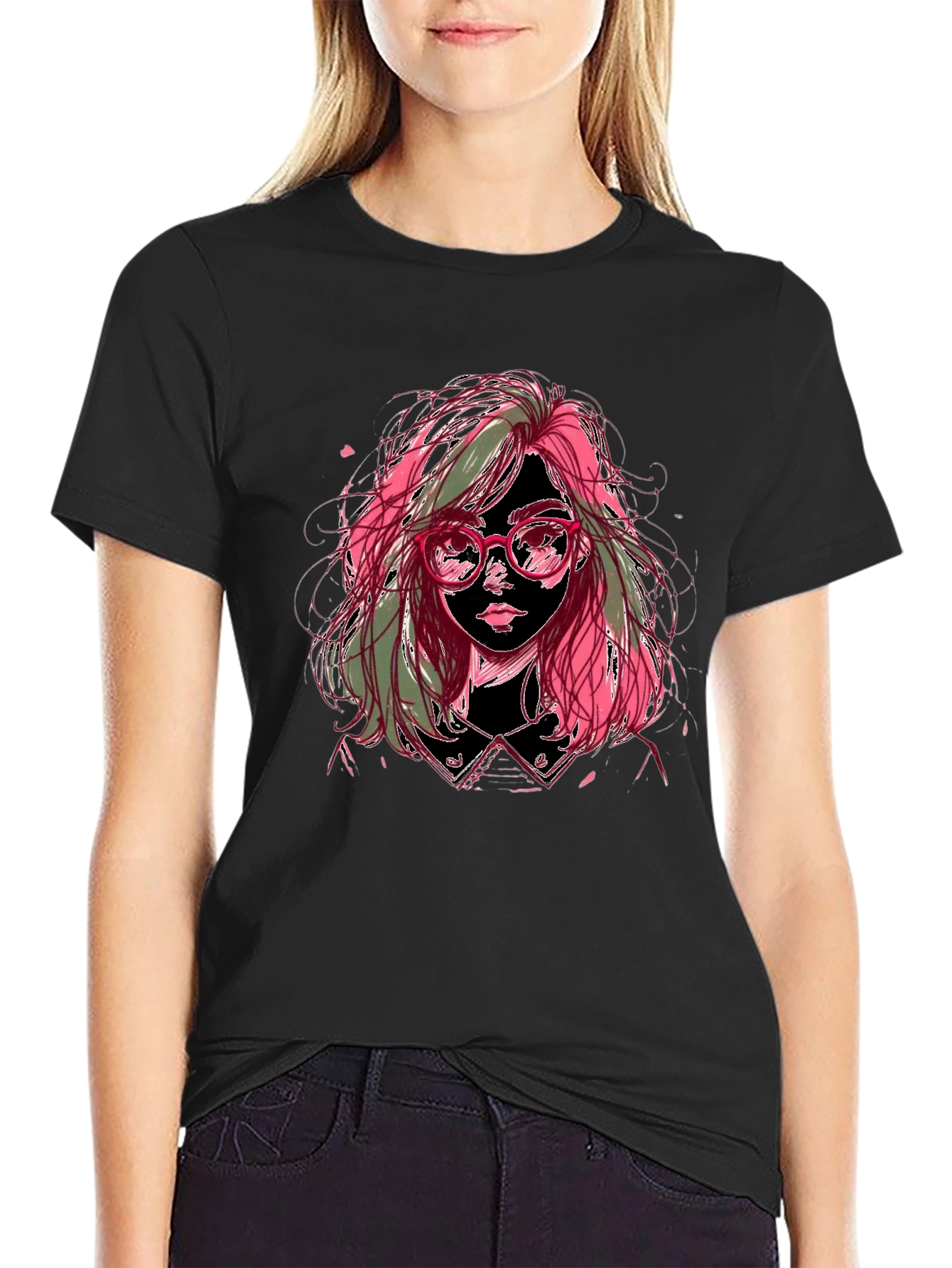 Artistic Girl Graphic Tee - Stylish Black T-Shirt