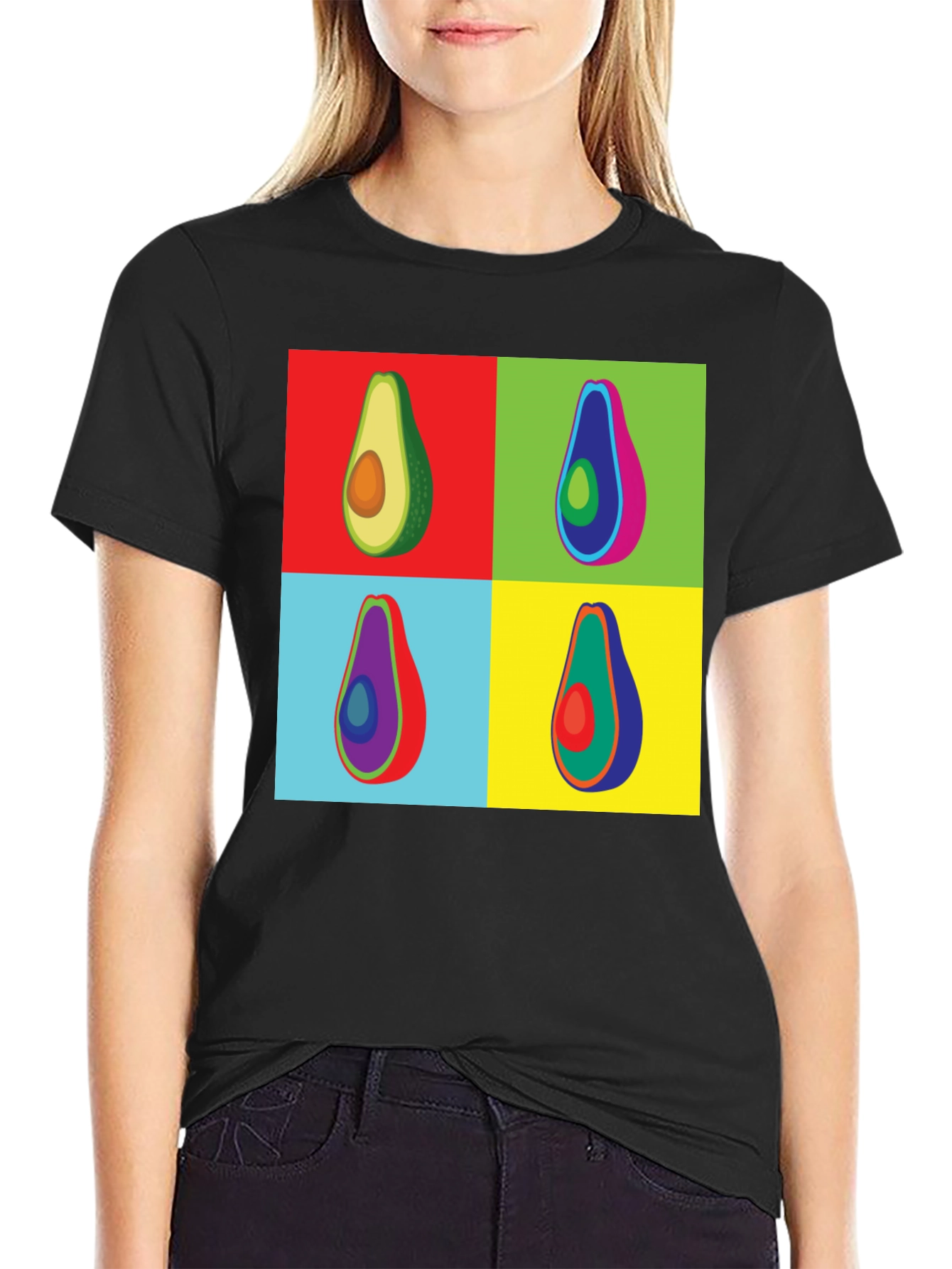 Pop Art Avocado Graphic Tee - Black Cotton T-Shirt