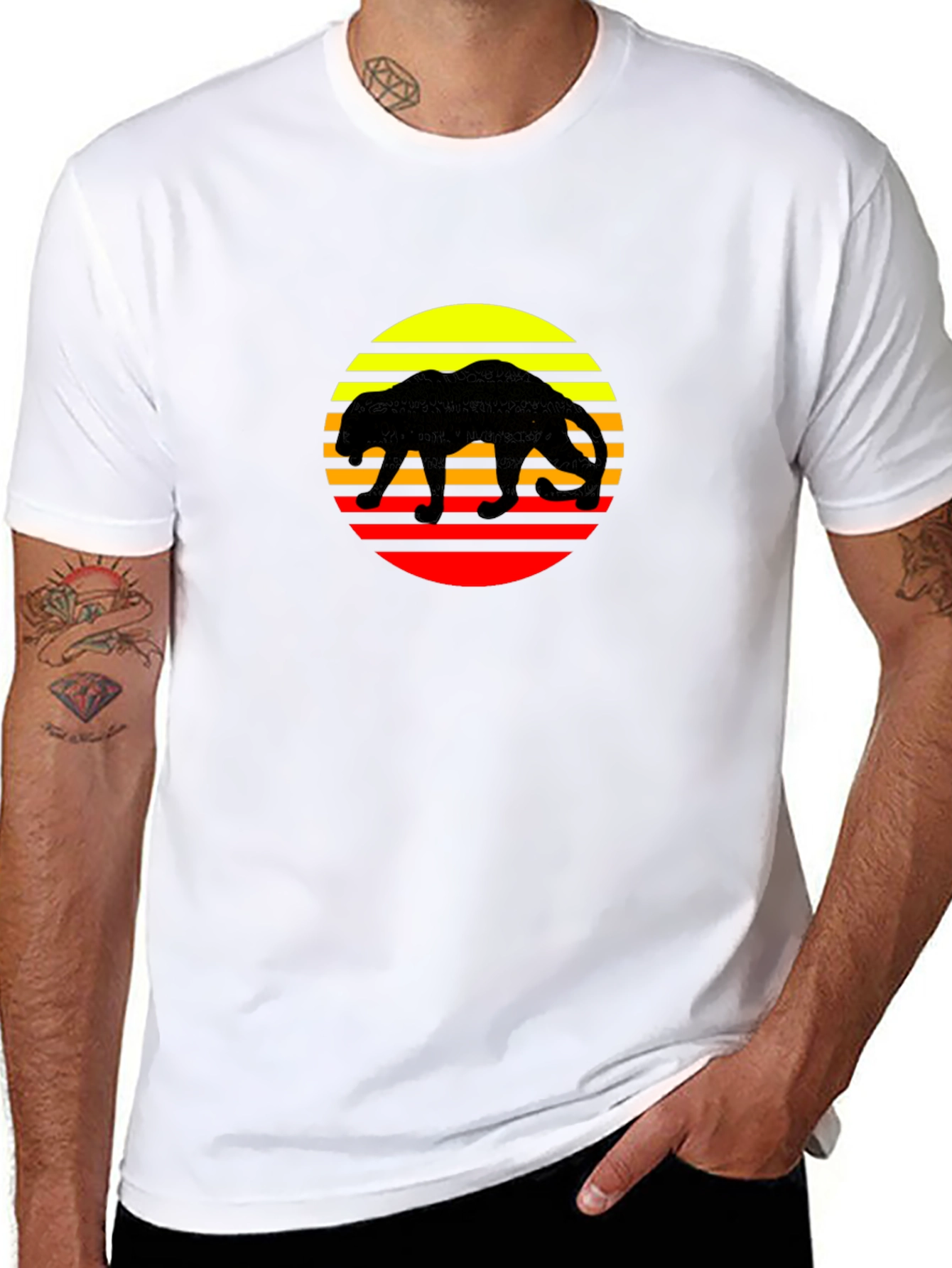 Retro Panther Sunset Graphic Tee - Black Cotton Shirt