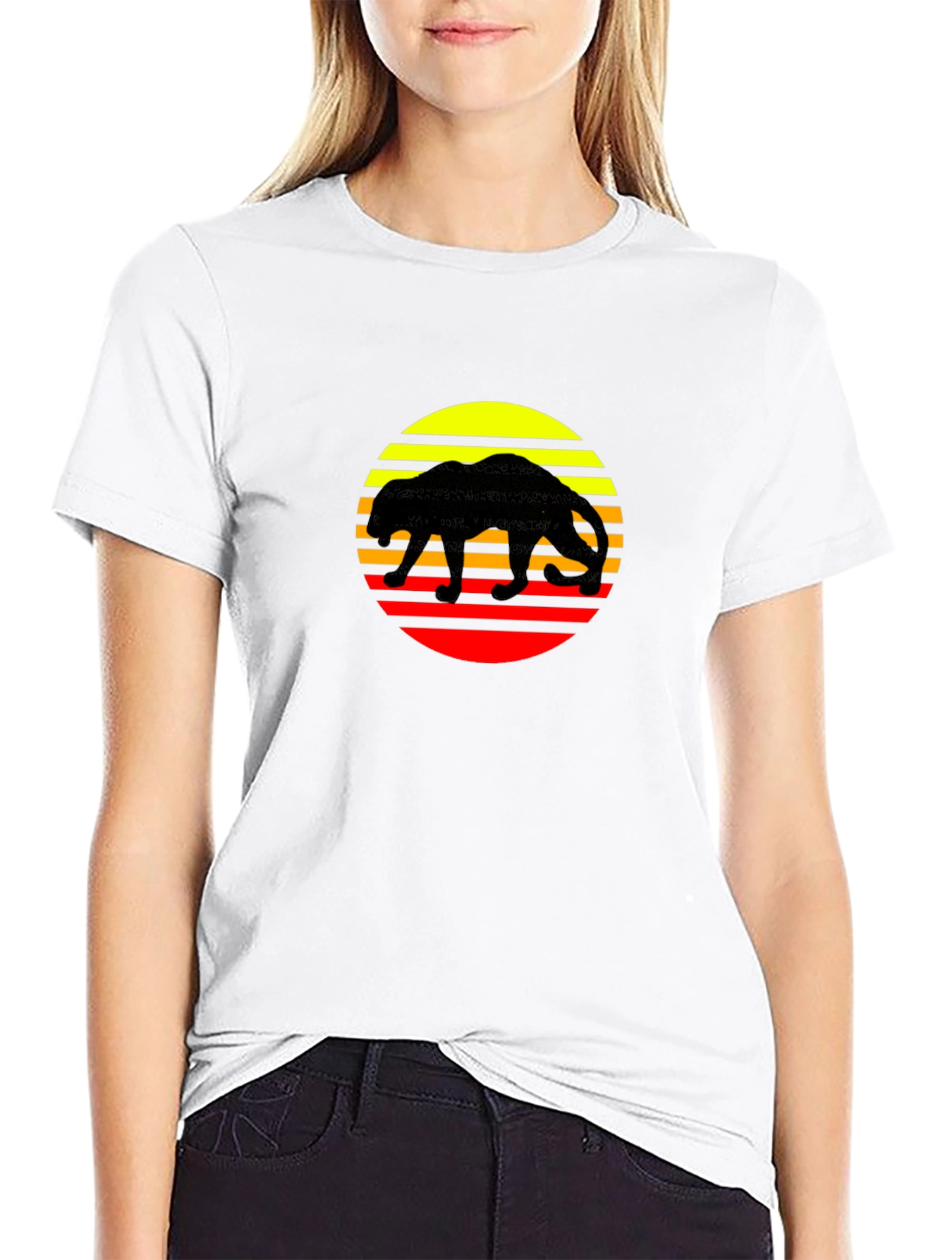Retro Panther Sunset Graphic Tee - Black Cotton Shirt