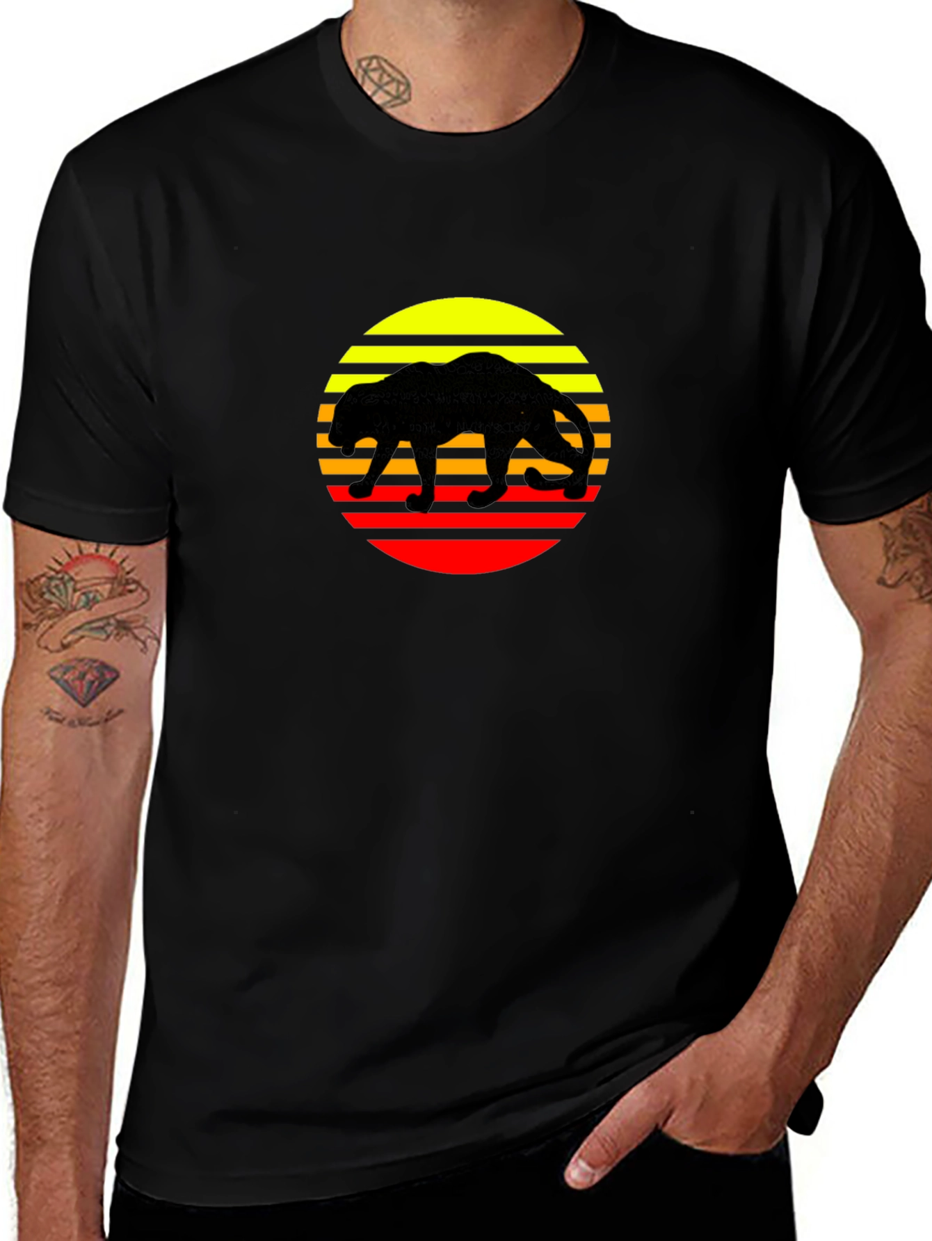 Retro Panther Sunset Graphic Tee - Black Cotton Shirt