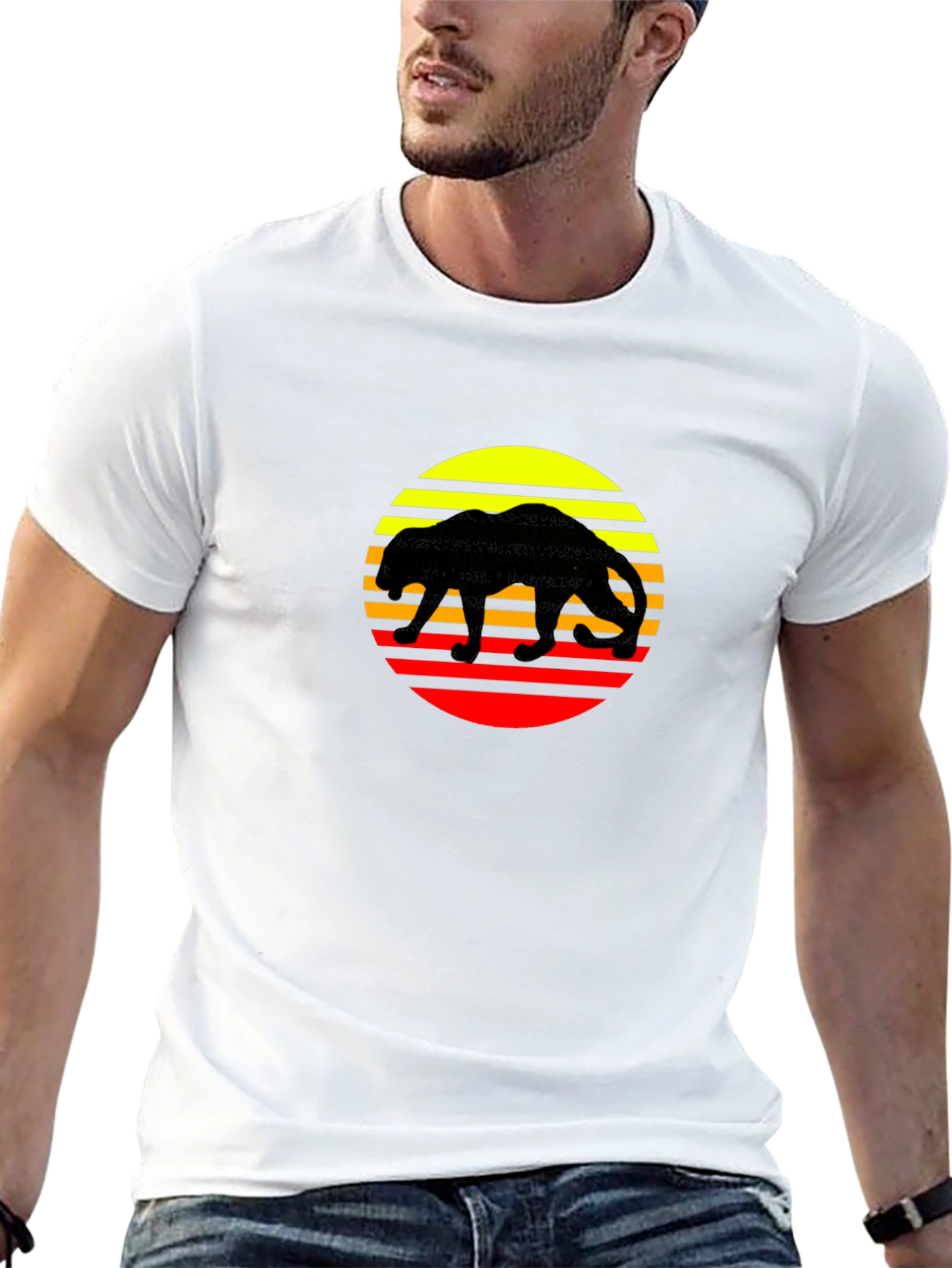Retro Panther Sunset Graphic Tee - Black Cotton Shirt