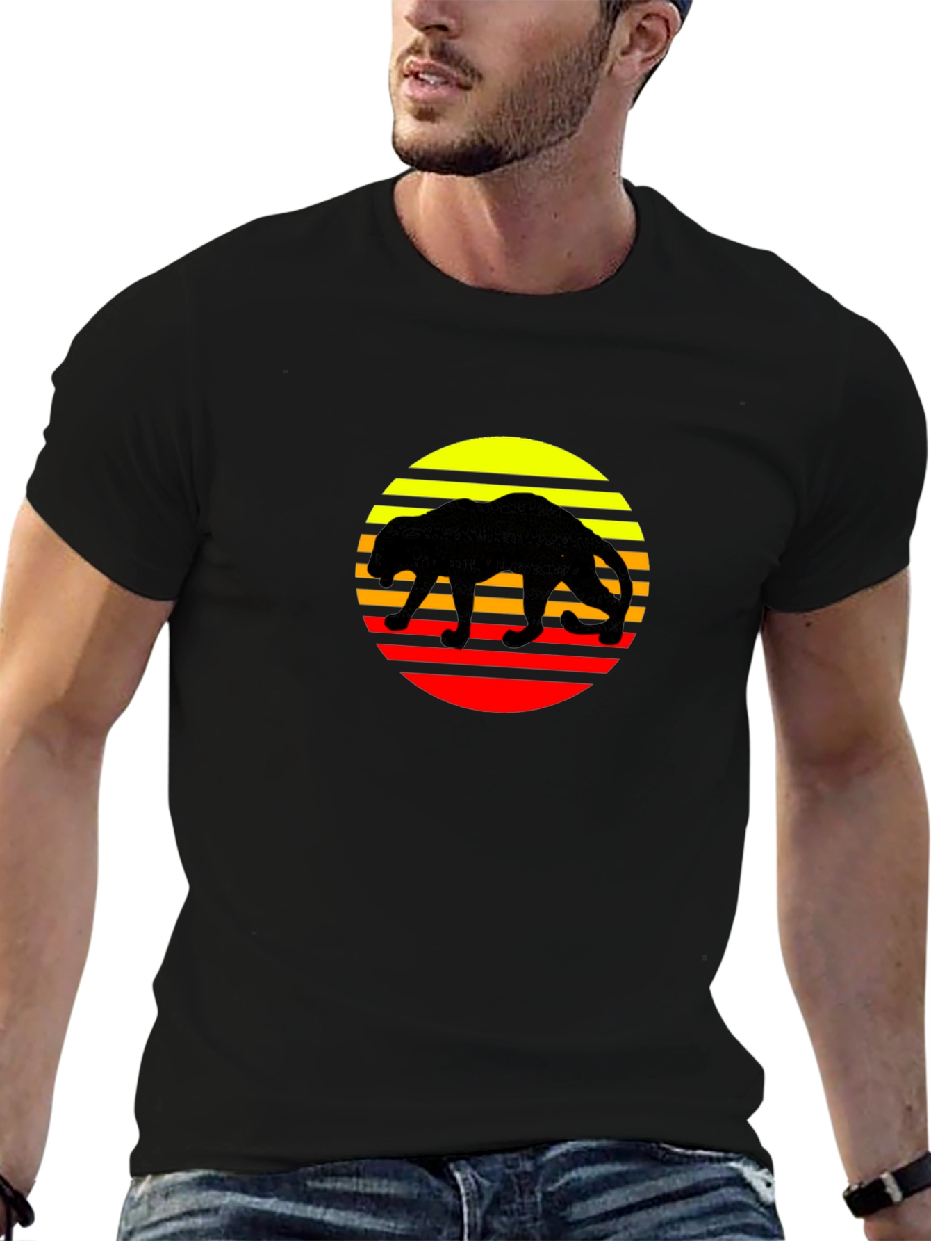Retro Panther Sunset Graphic Tee - Black Cotton Shirt