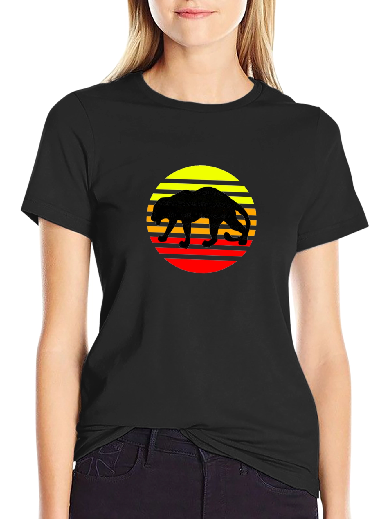 Retro Panther Sunset Graphic Tee - Black Cotton Shirt