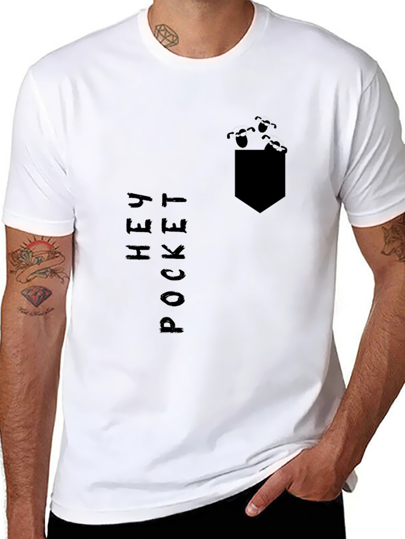 Hey Pocket Tee: Black Graphic Print T-Shirt