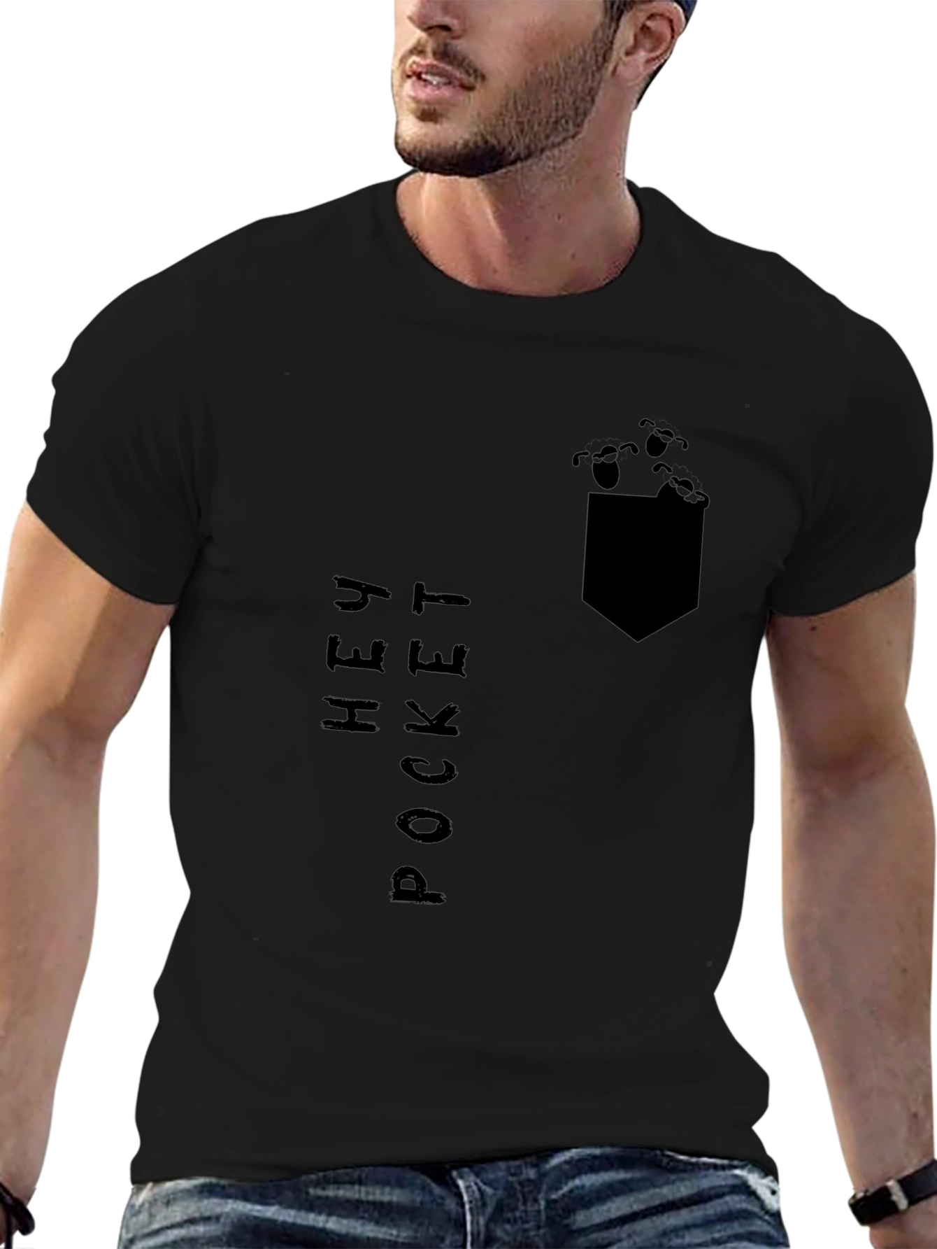 Hey Pocket Tee: Black Graphic Print T-Shirt