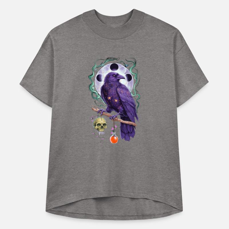 Mystical purple raven perched on a branch