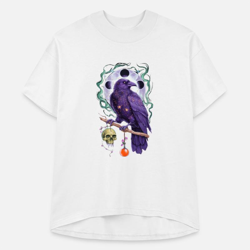 Mystical purple raven perched on a branch