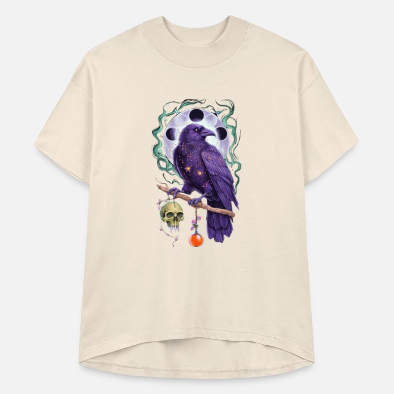 Mystical purple raven perched on a branch