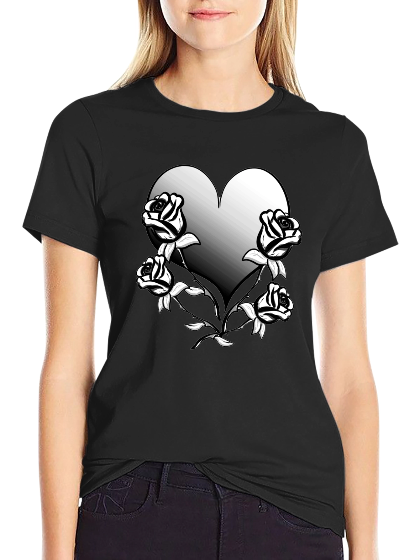 Heart & Roses Graphic Tee - Black Unisex Shirt