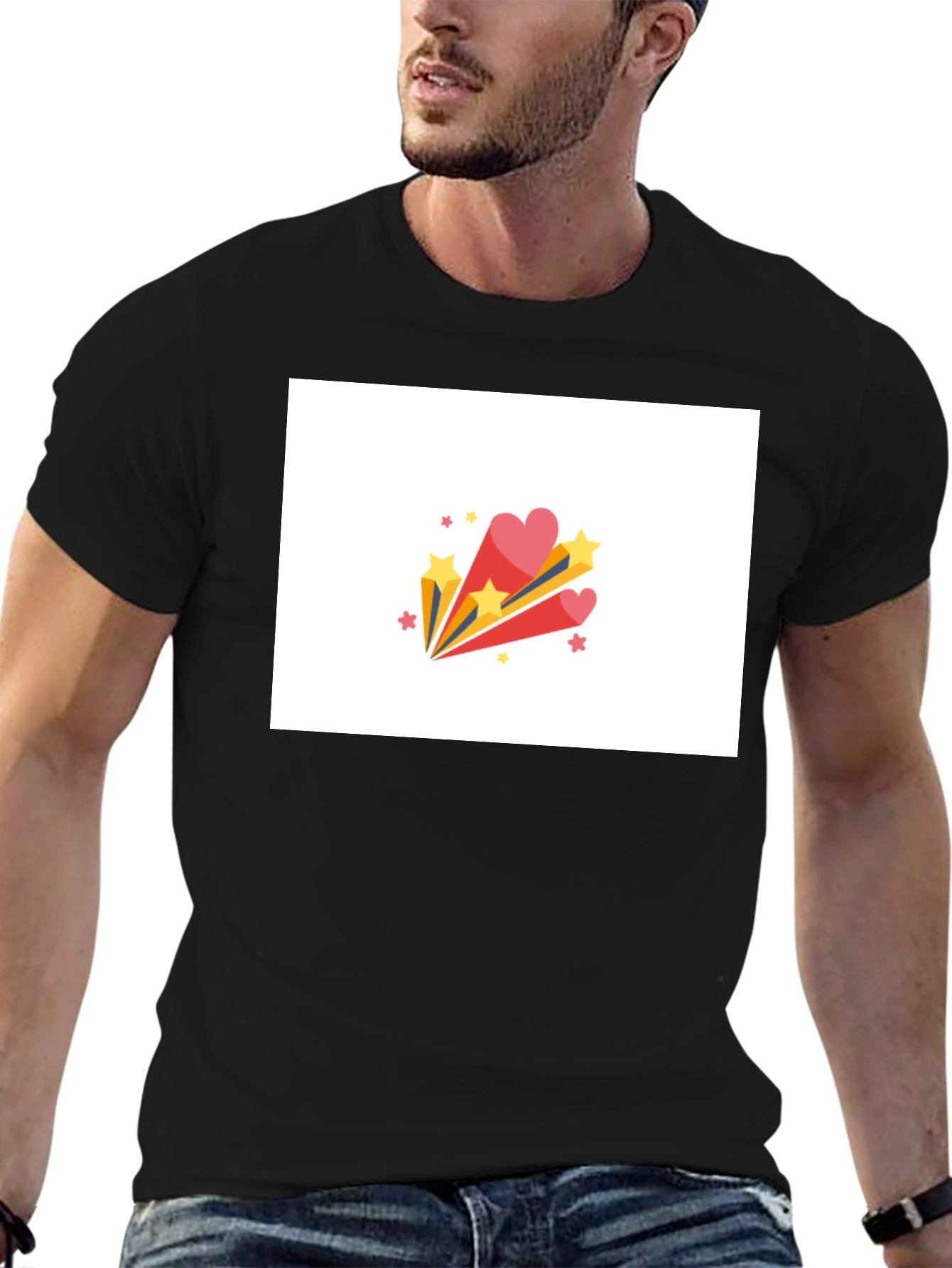 Stylish Black Tee with Heart & Star Burst Graphic