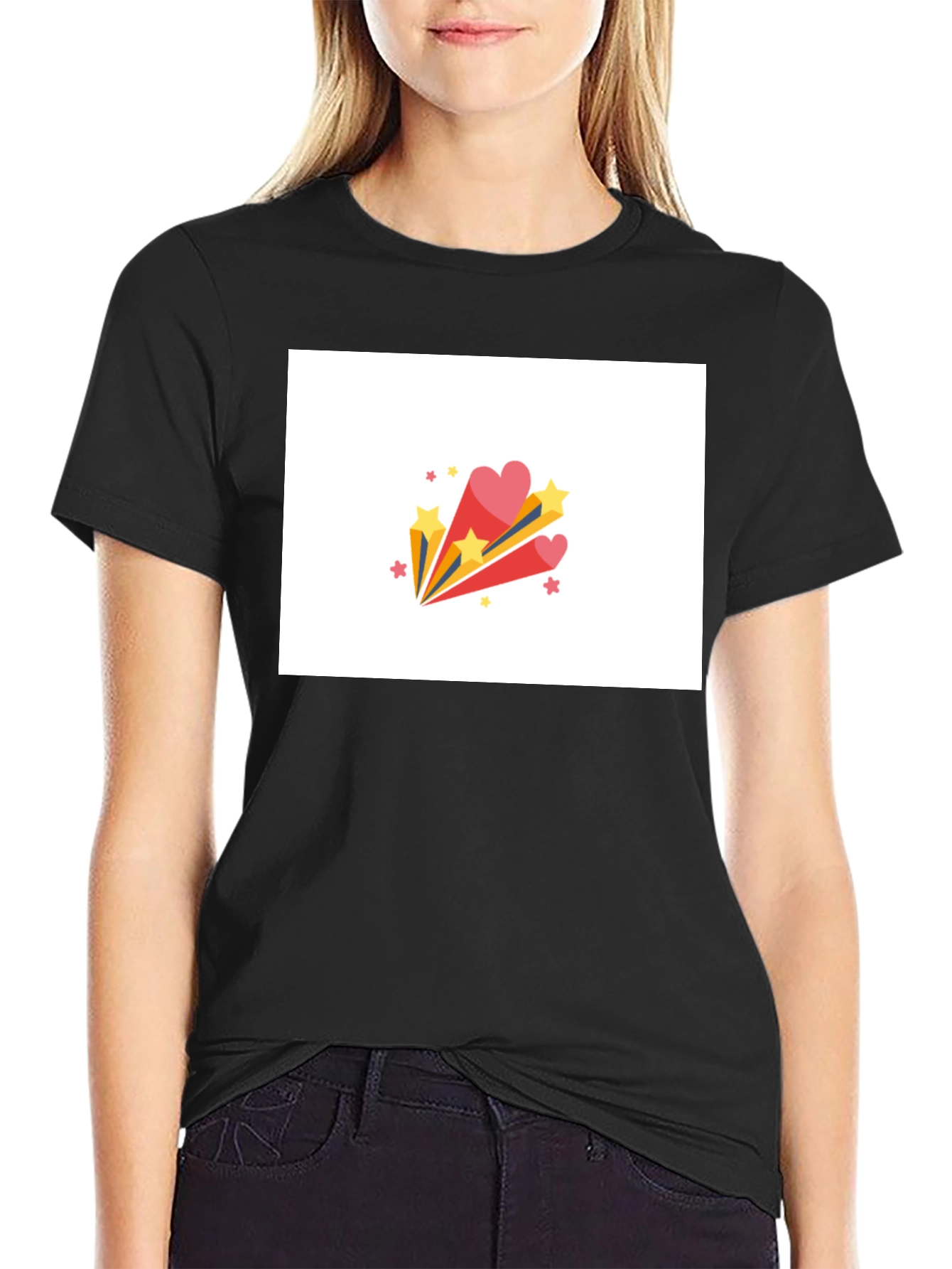 Stylish Black Tee with Heart & Star Burst Graphic