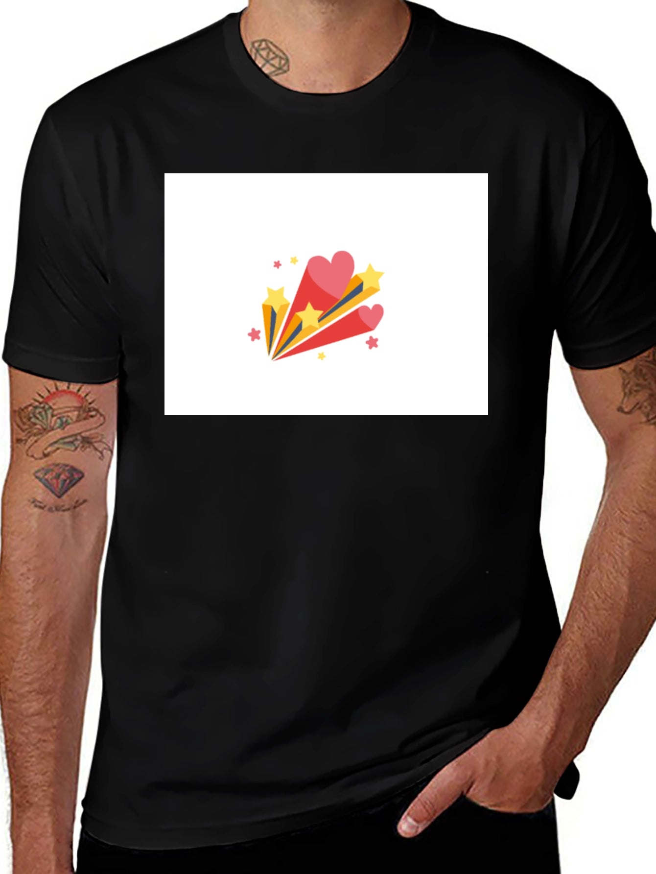 Stylish Black Tee with Heart & Star Burst Graphic