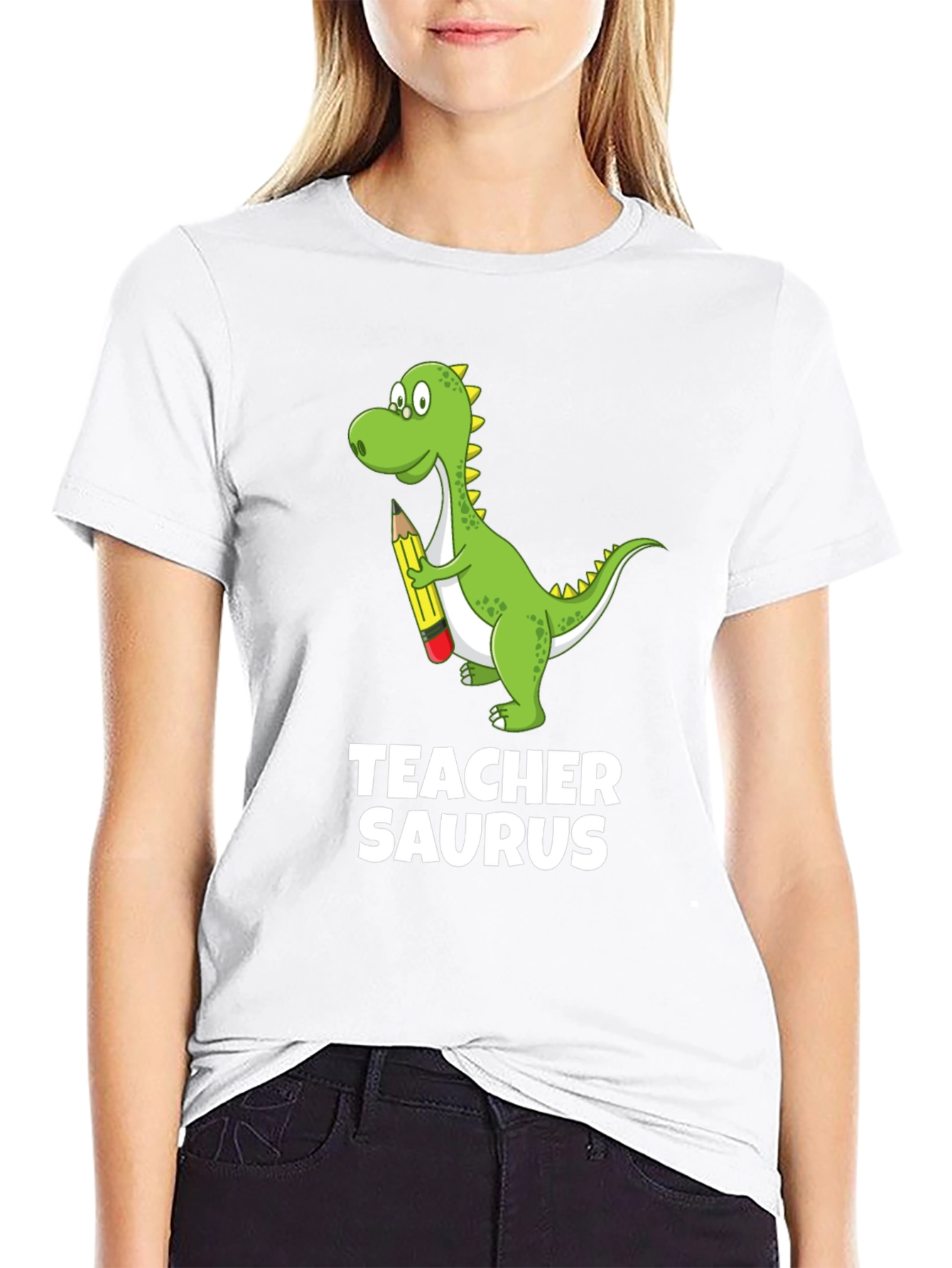 Teacher Saurus Dinosaur Graphic T-Shirt - Black