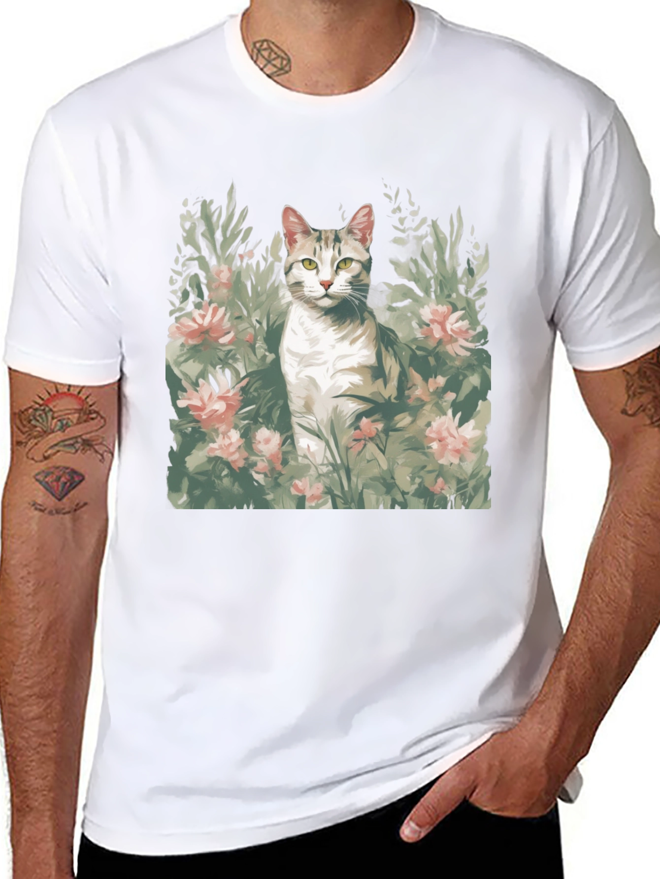 Cat in Flowers Graphic Tee - Unique Artistic Design