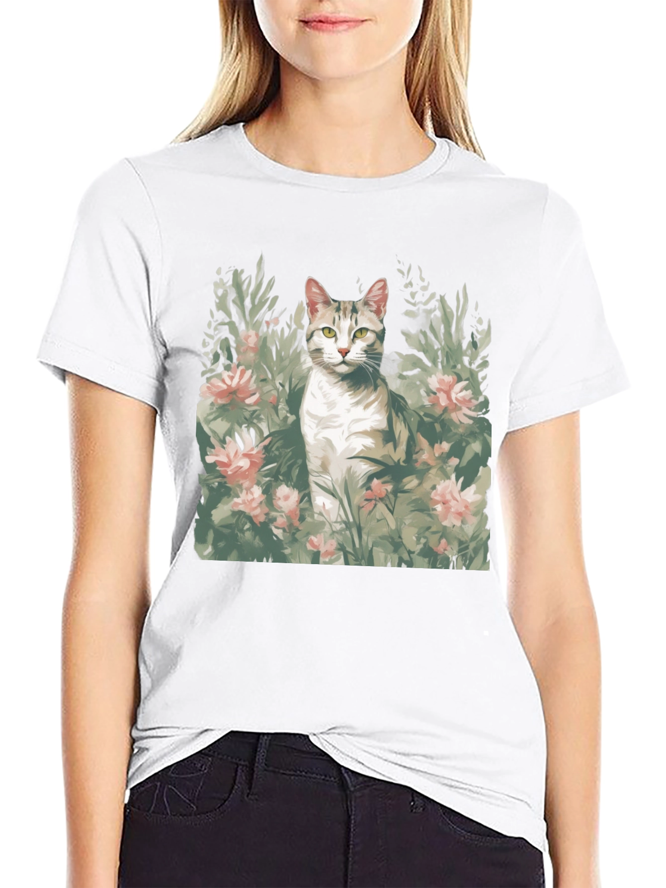 Cat in Flowers Graphic Tee - Unique Artistic Design