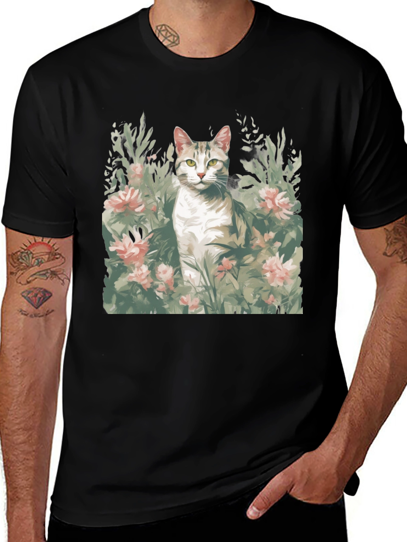 Cat in Flowers Graphic Tee - Unique Artistic Design