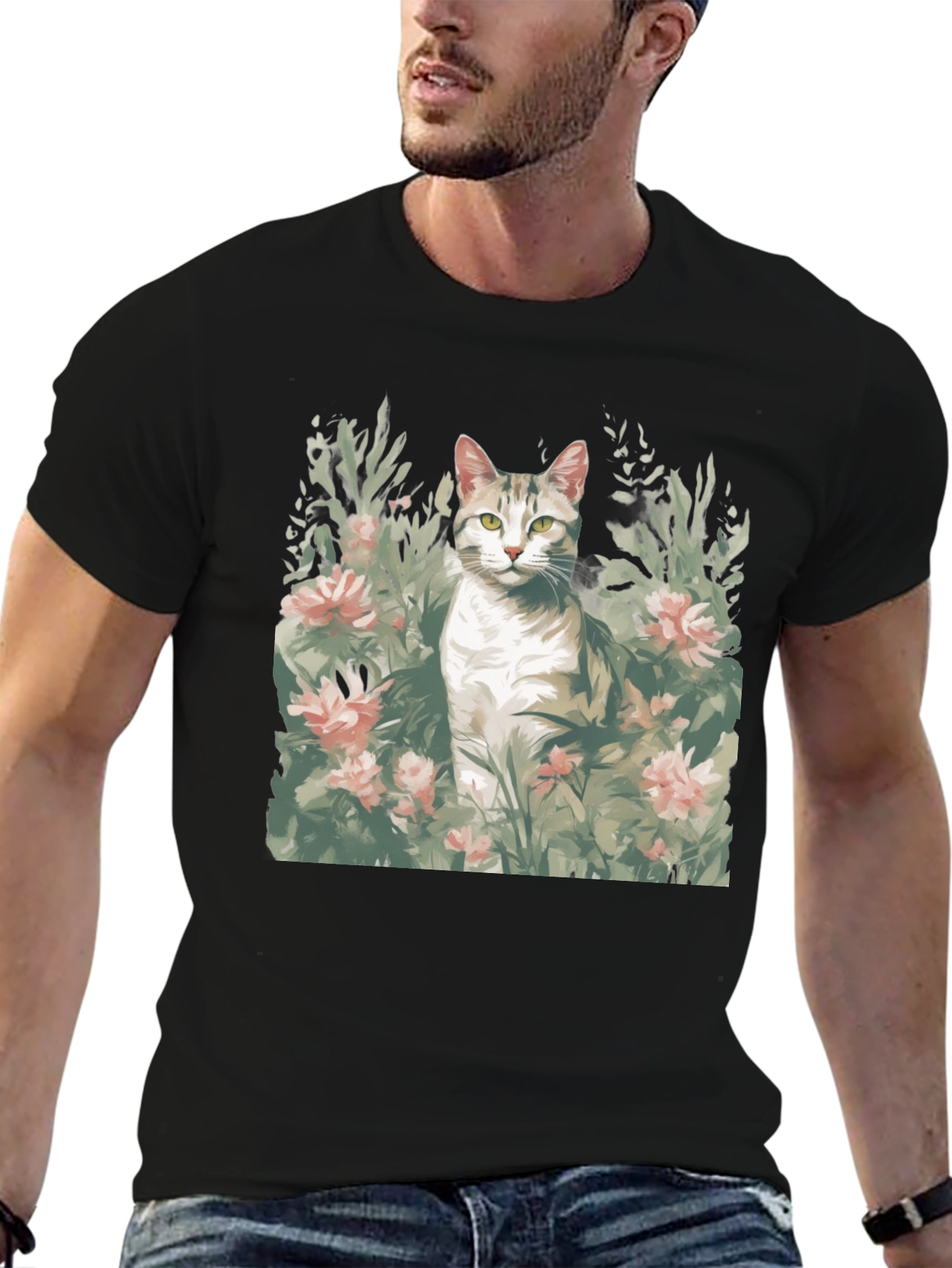Cat in Flowers Graphic Tee - Unique Artistic Design