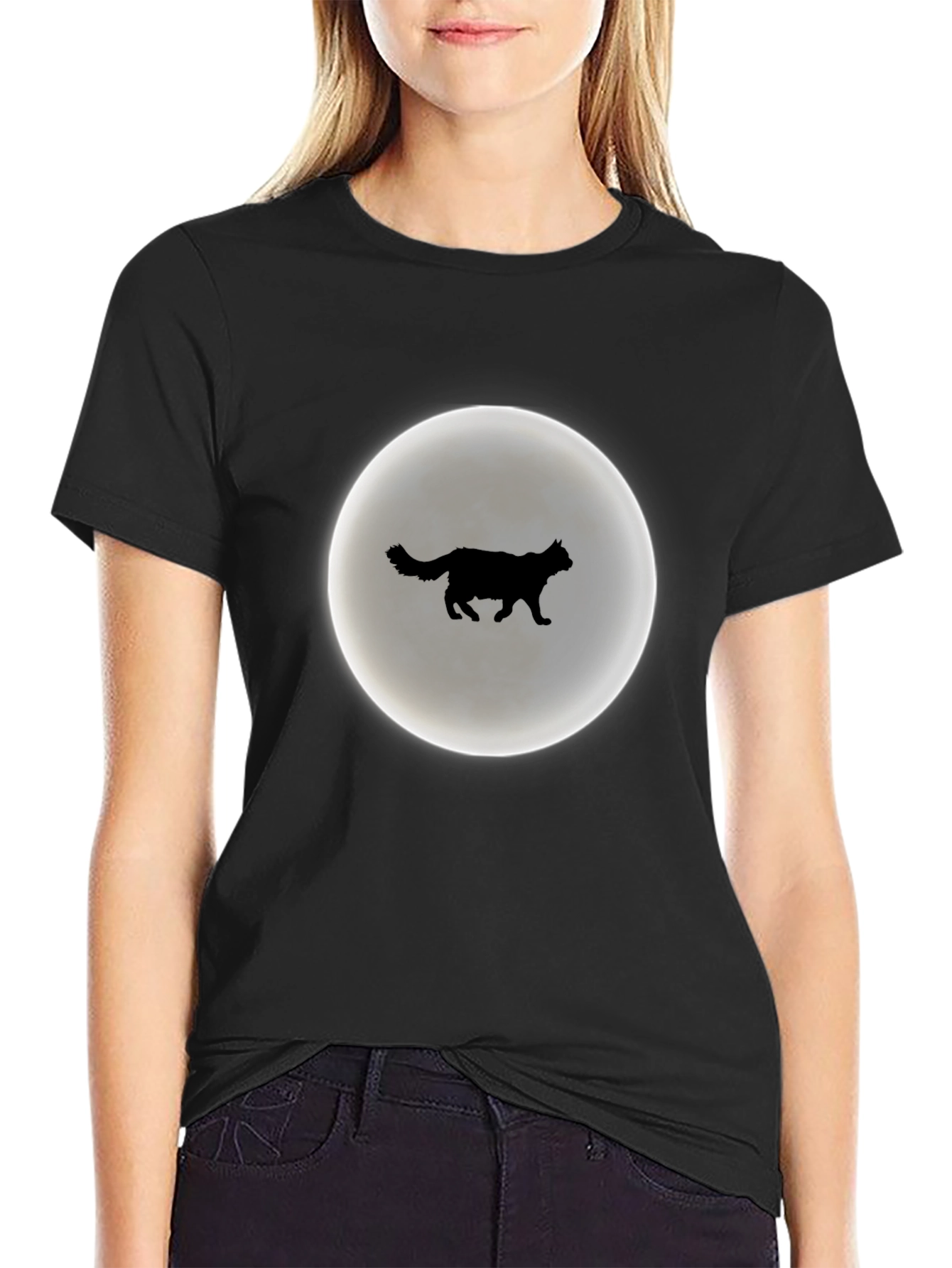 Cat Moon Silhouette T-Shirt - Black