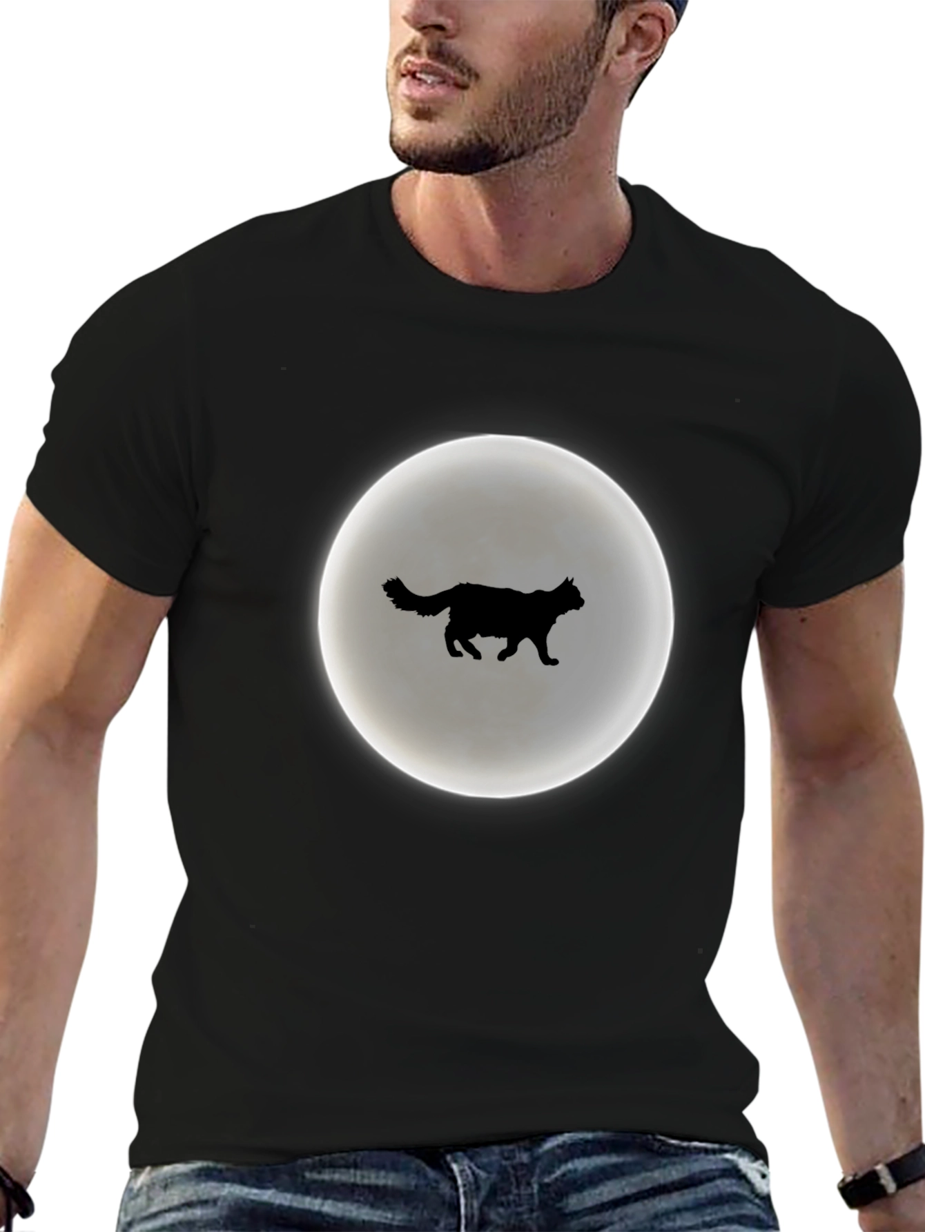 Cat Moon Silhouette T-Shirt - Black