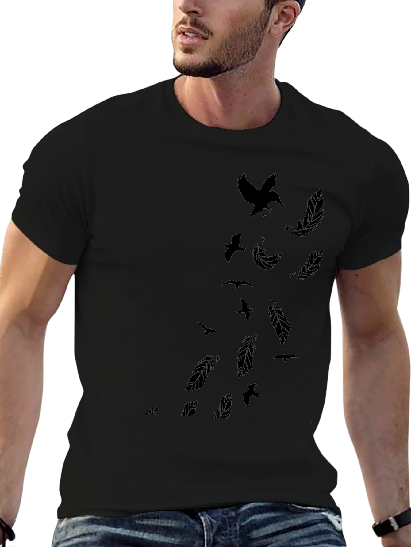 Mens Black T-Shirt - Feather & Bird Design