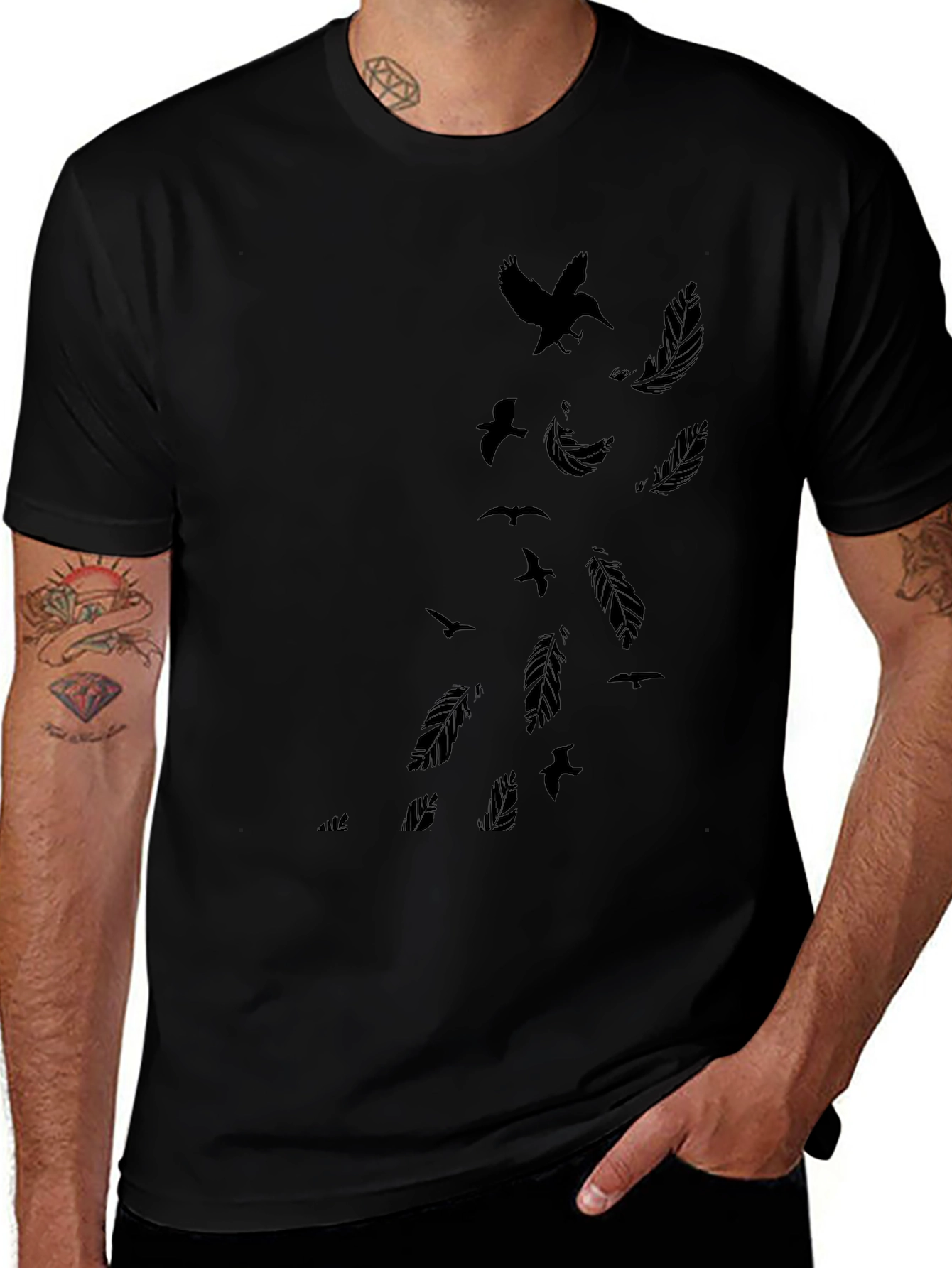 Mens Black T-Shirt - Feather & Bird Design