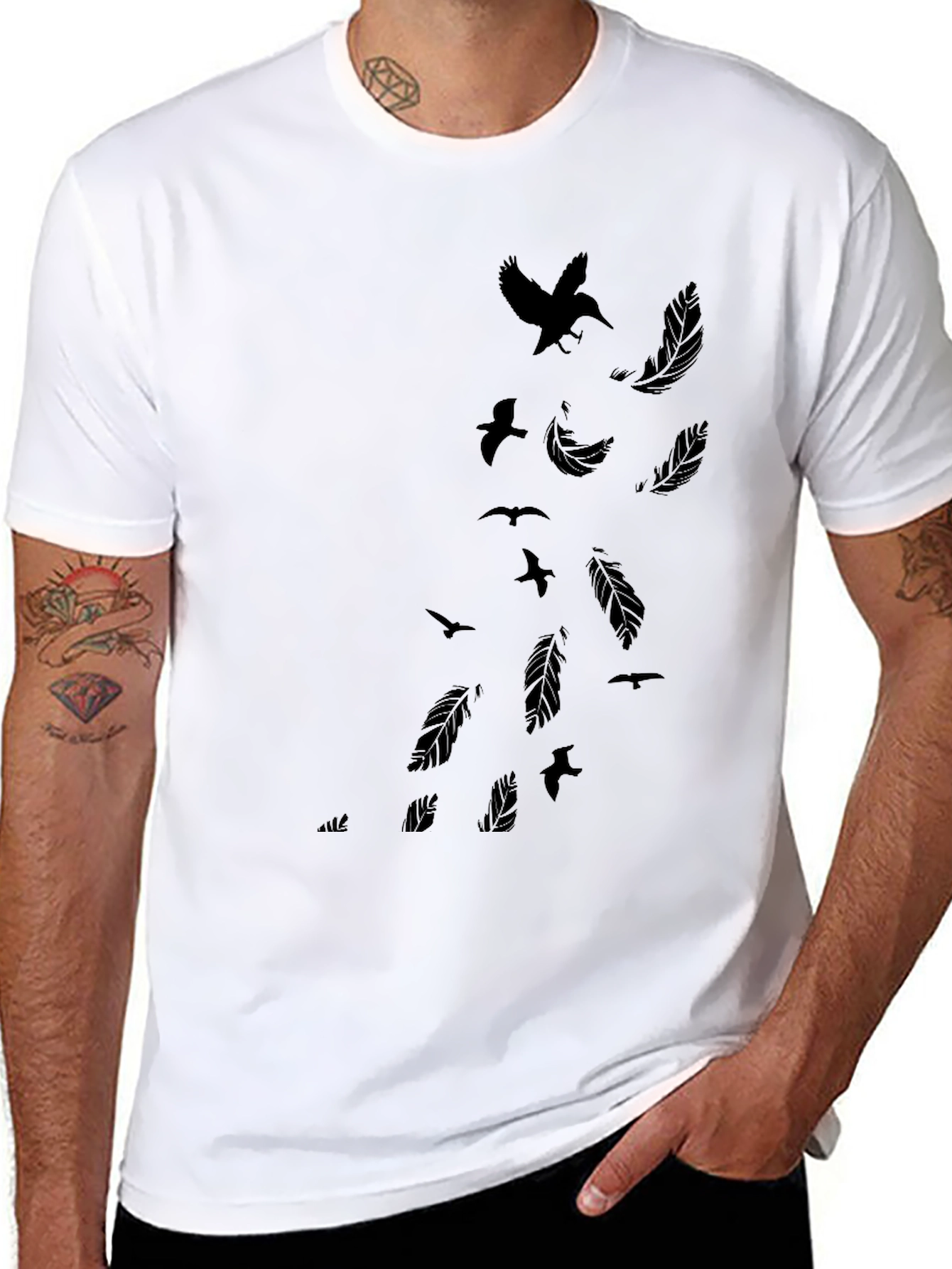 Mens Black T-Shirt - Feather & Bird Design