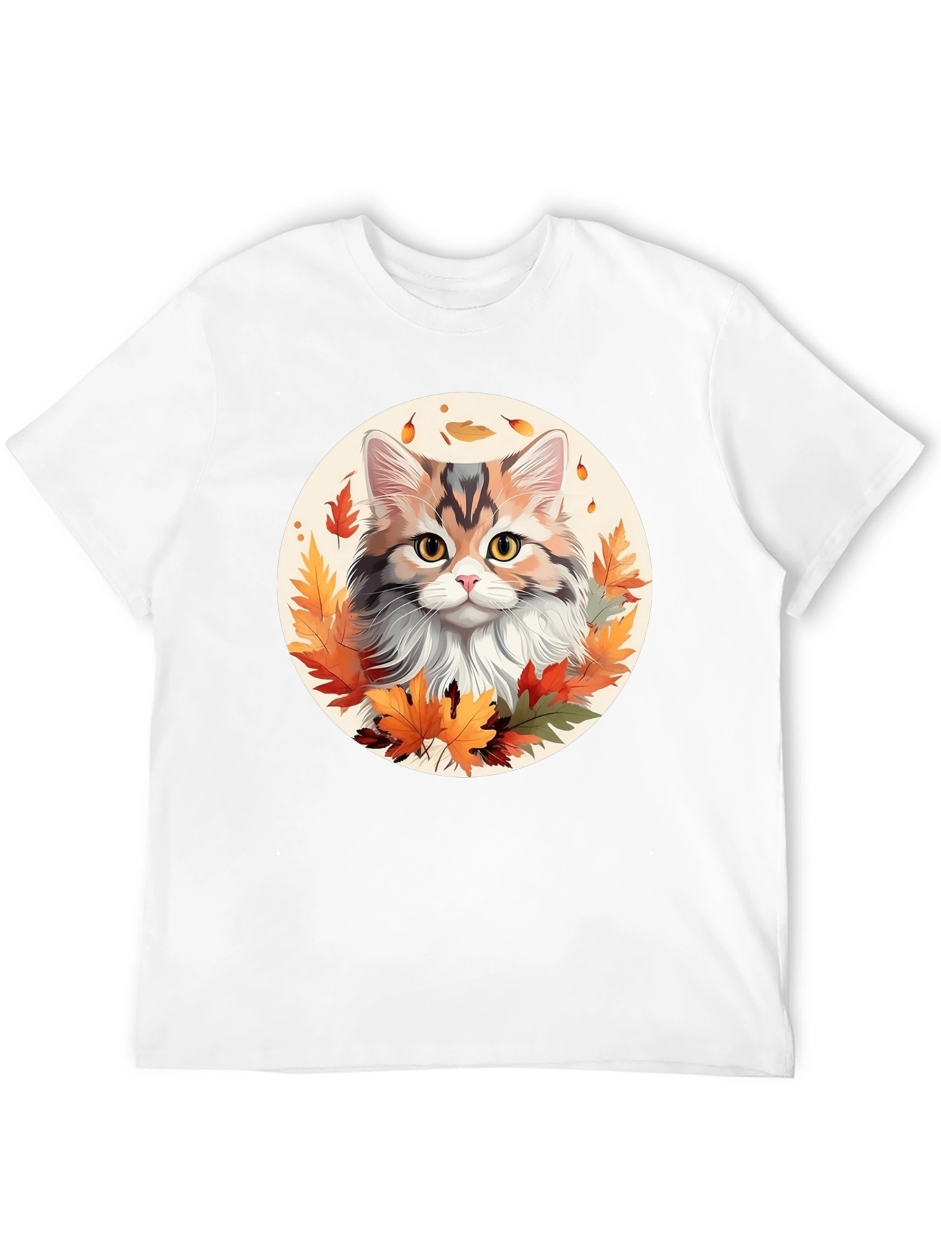 Autumn Cat T-Shirt - Fall Leaves Design