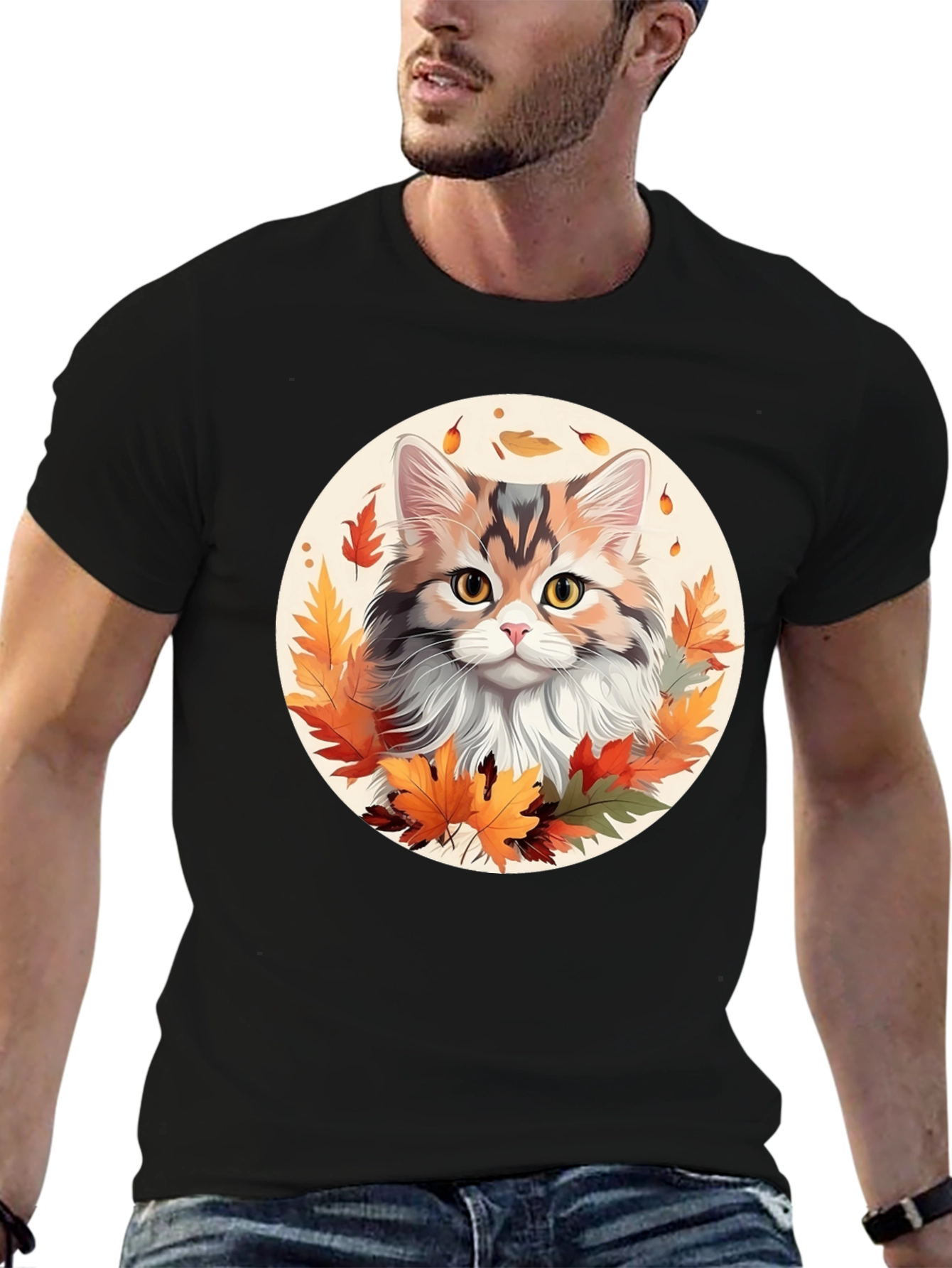 Autumn Cat T-Shirt - Fall Leaves Design
