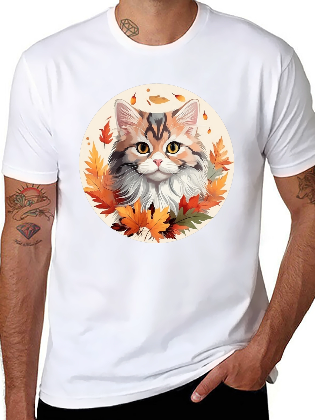 Autumn Cat T-Shirt - Fall Leaves Design