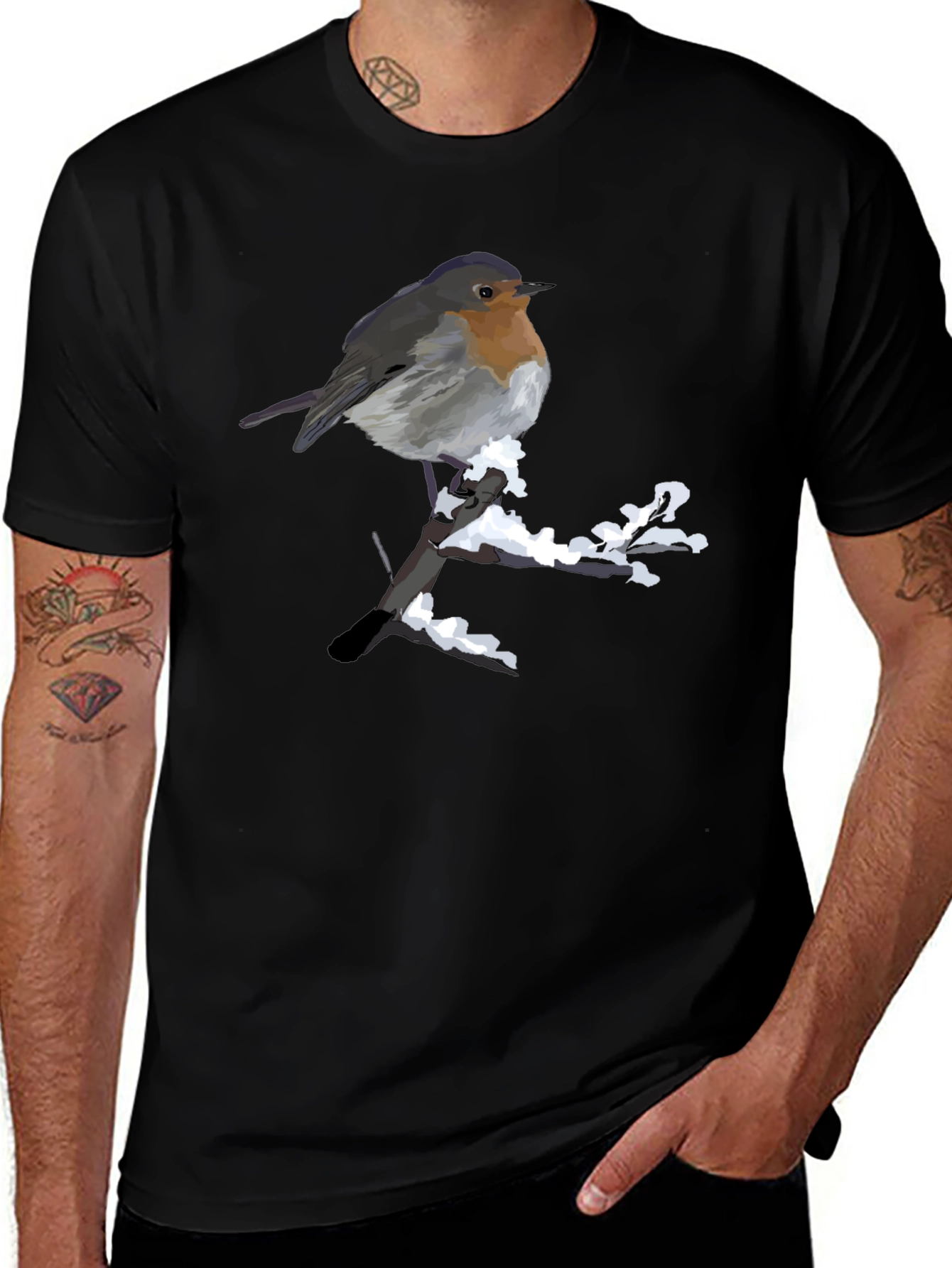 Robin on Snowy Branch Black T-Shirt