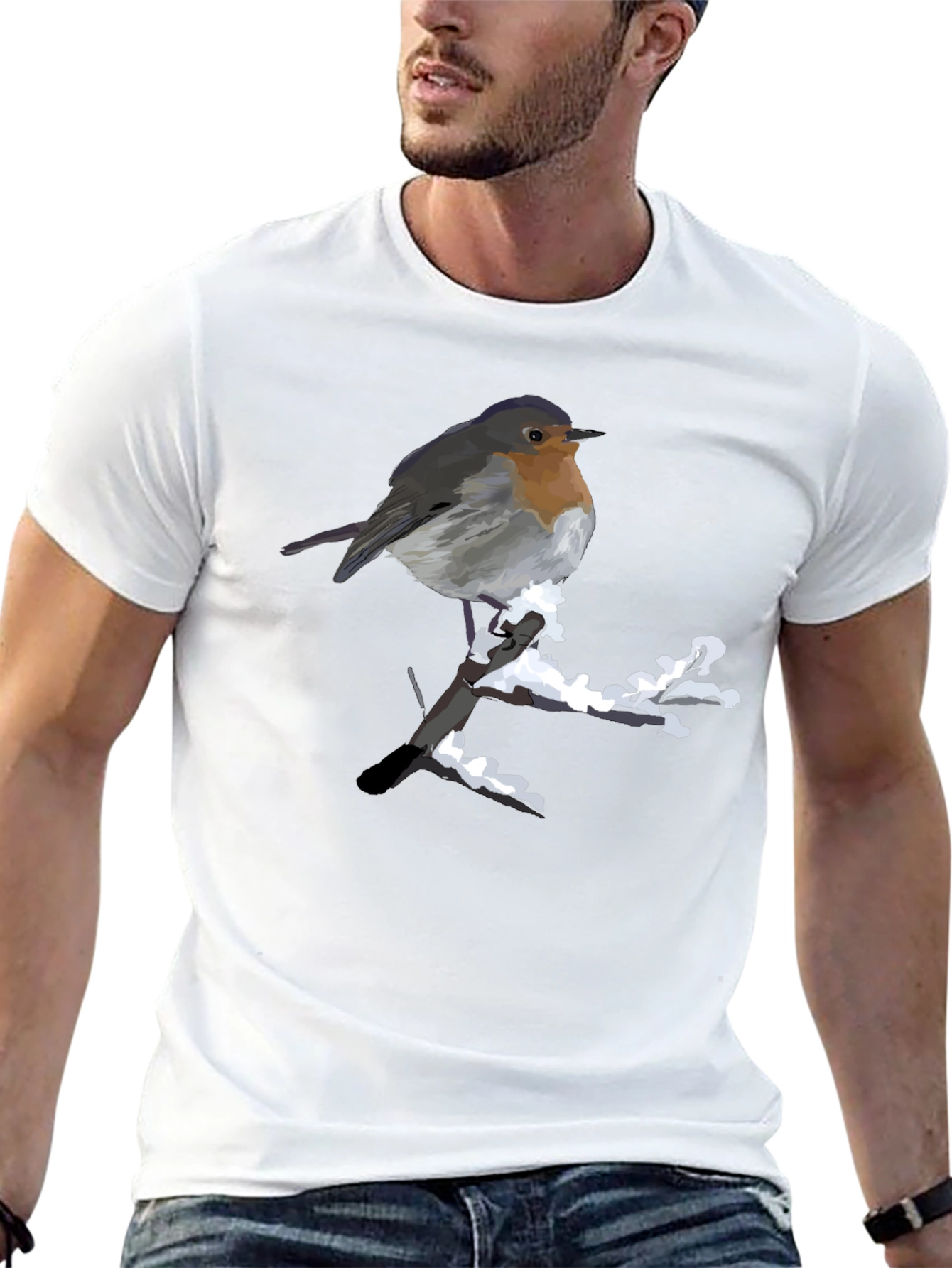 Robin on Snowy Branch Black T-Shirt