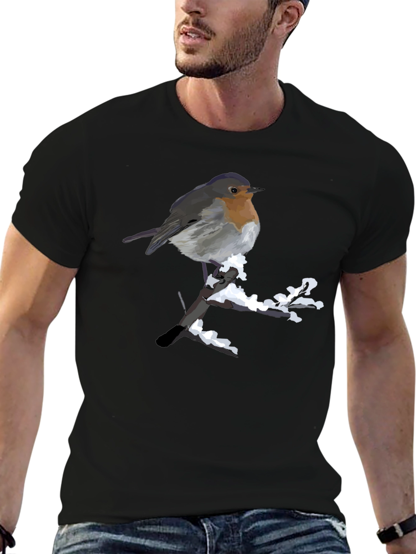 Robin on Snowy Branch Black T-Shirt