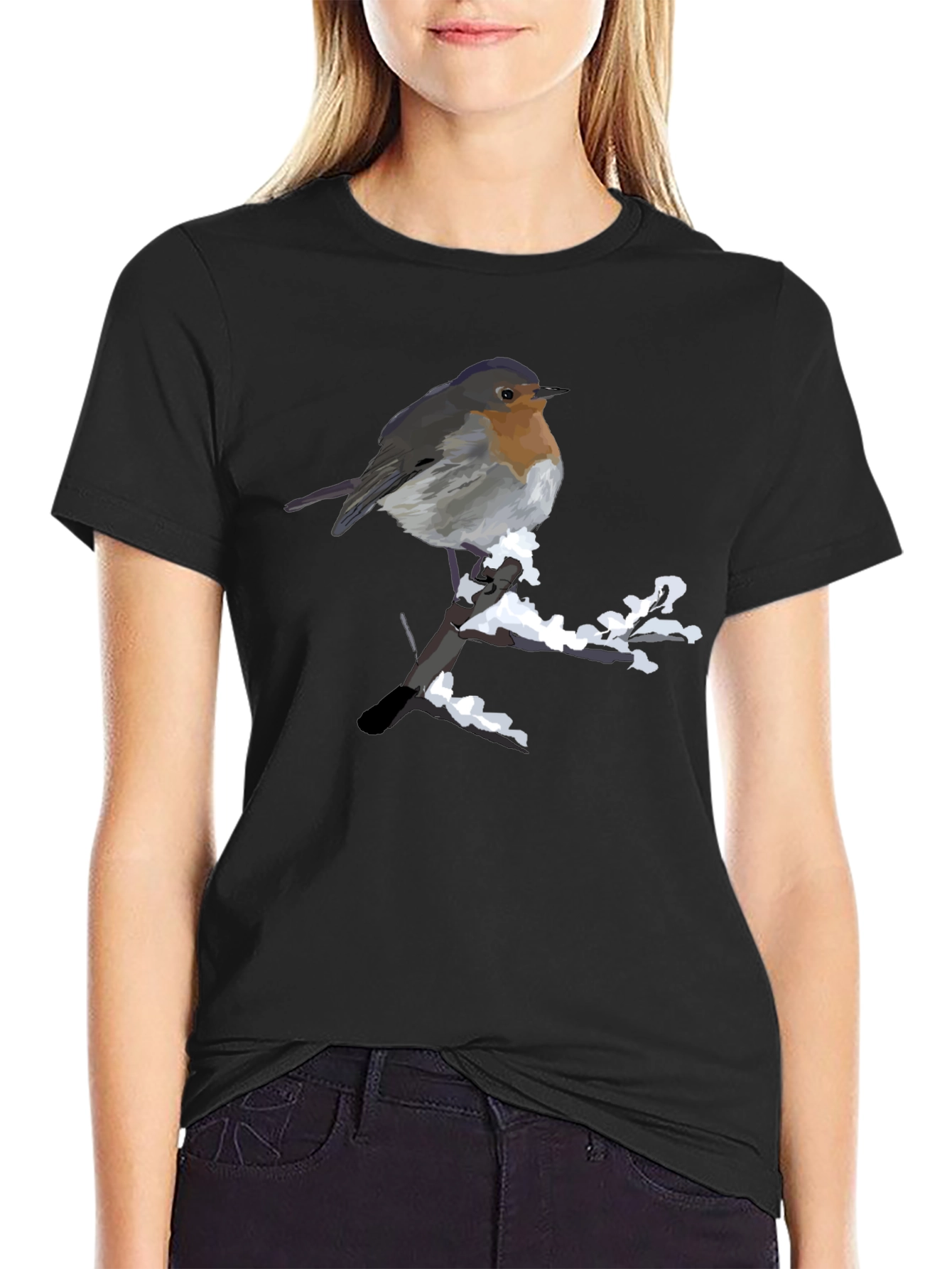 Robin on Snowy Branch Black T-Shirt