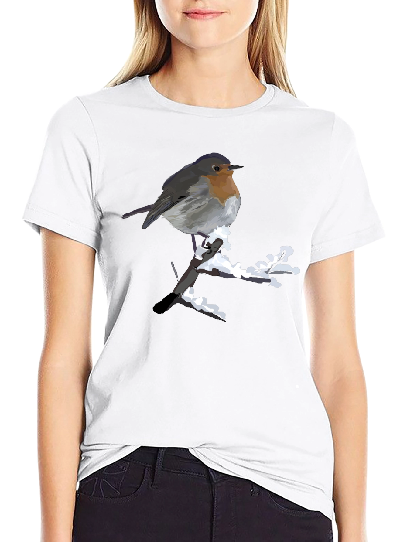 Robin on Snowy Branch Black T-Shirt