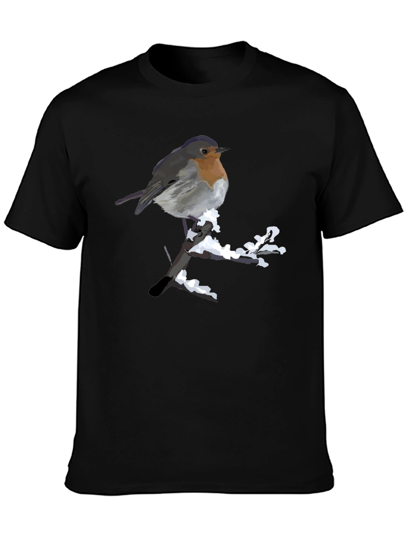 Robin on Snowy Branch Black T-Shirt
