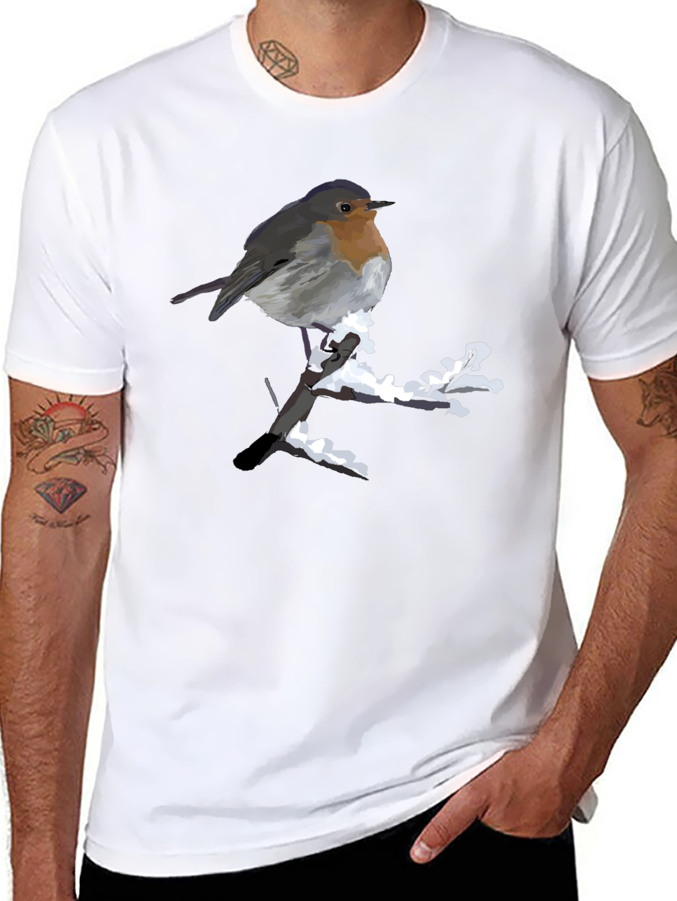 Robin on Snowy Branch Black T-Shirt