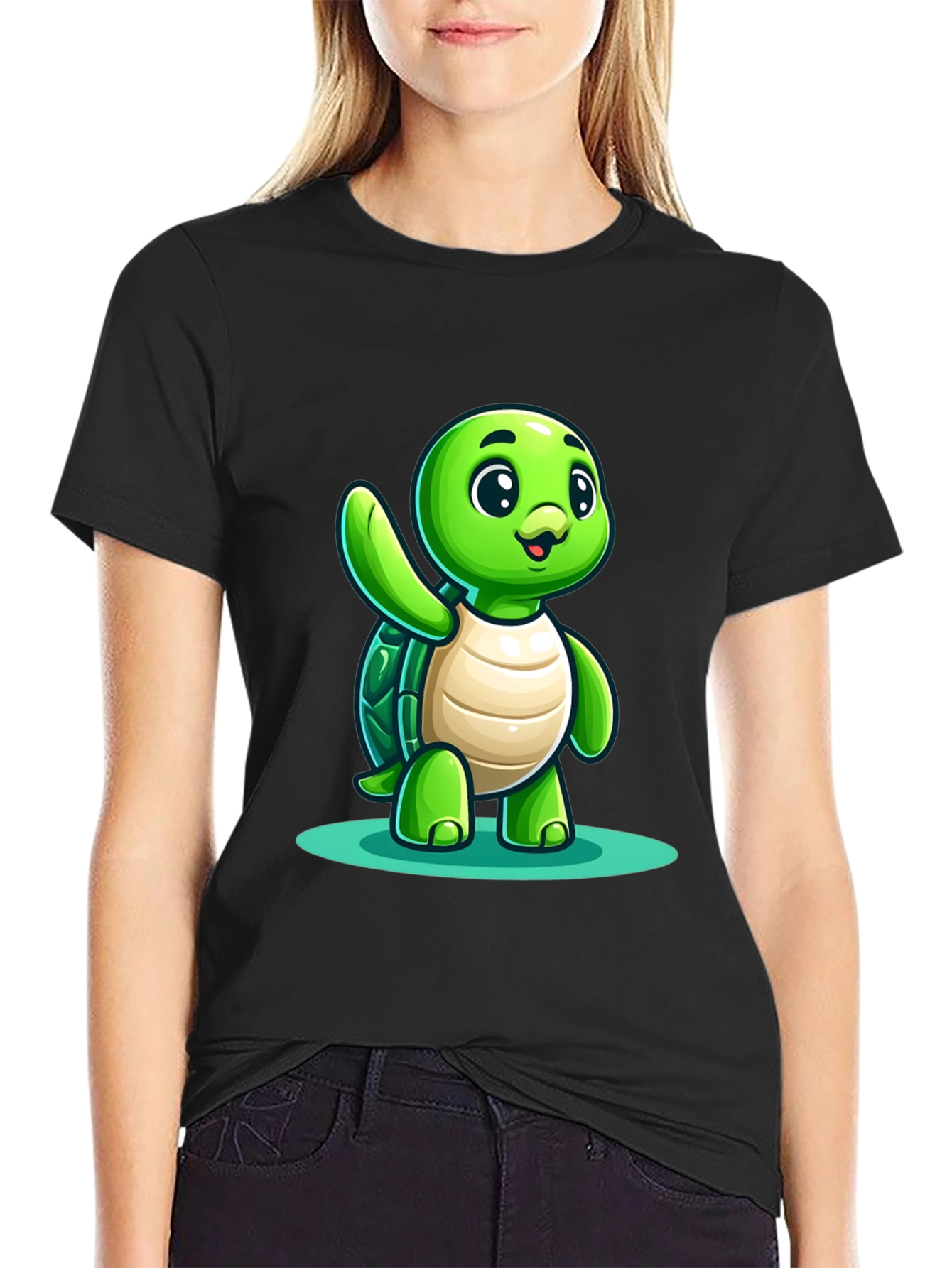 Cute Turtle Graphic Tee - Black Cotton Blend