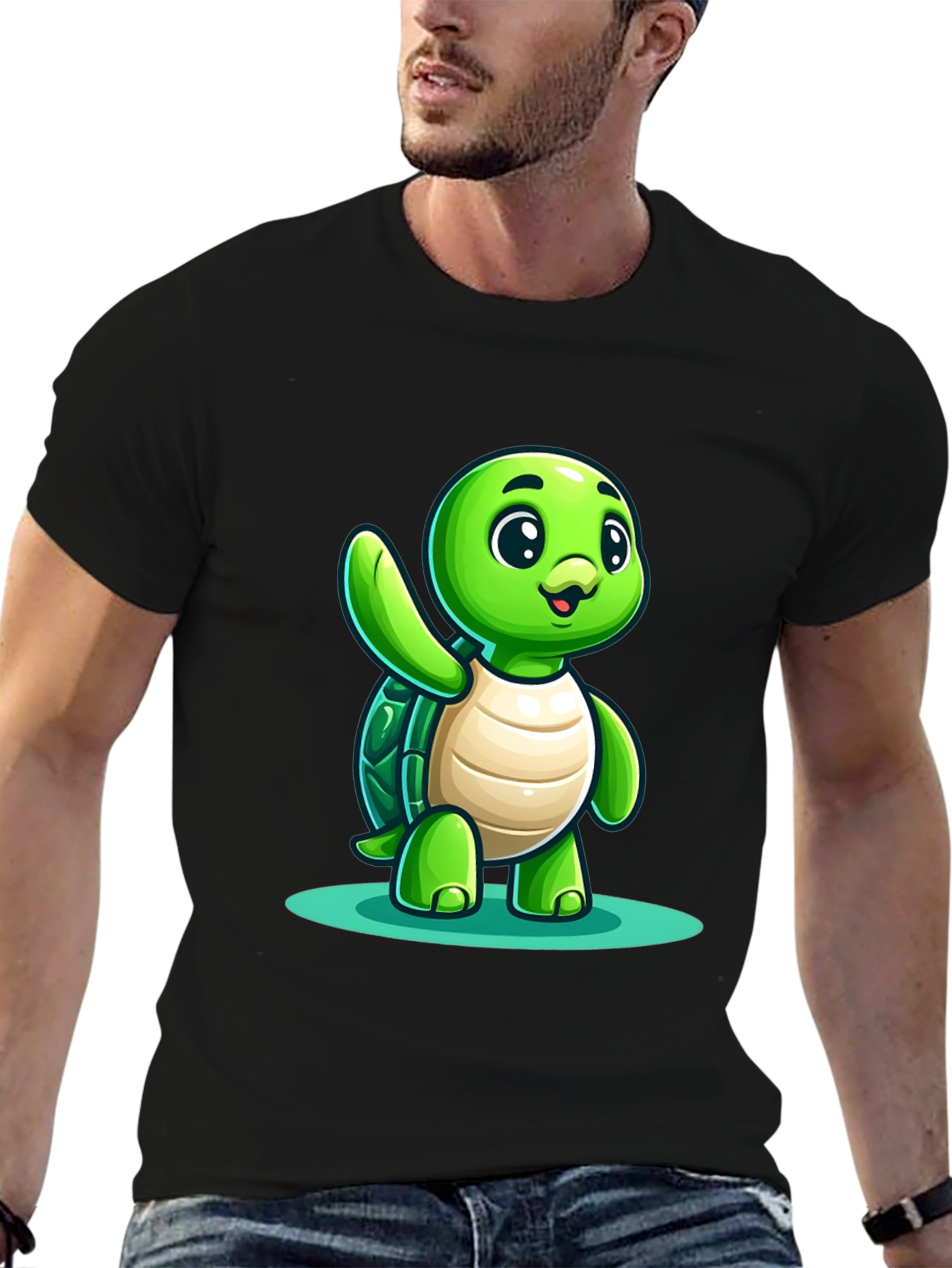 Cute Turtle Graphic Tee - Black Cotton Blend