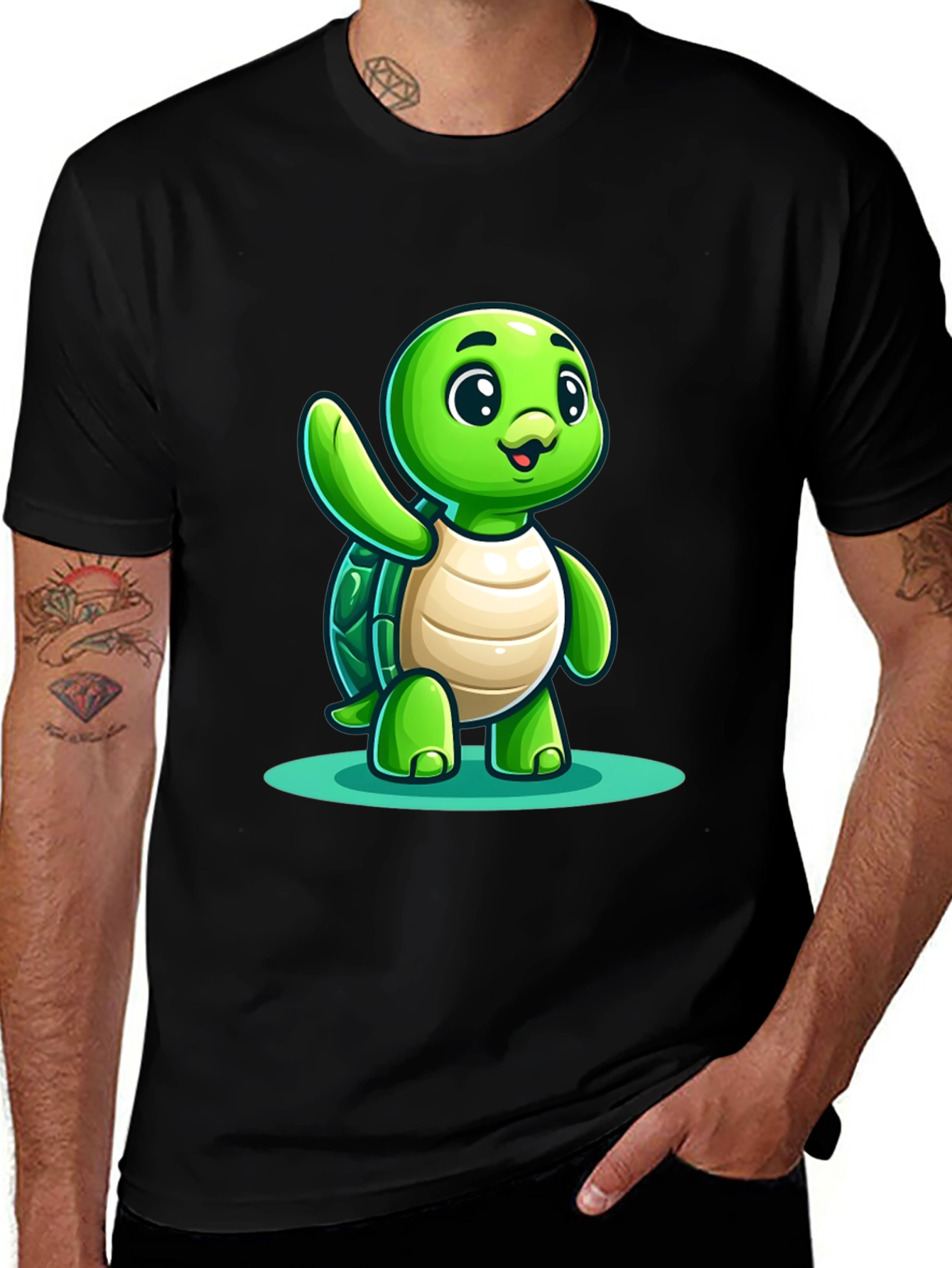 Cute Turtle Graphic Tee - Black Cotton Blend