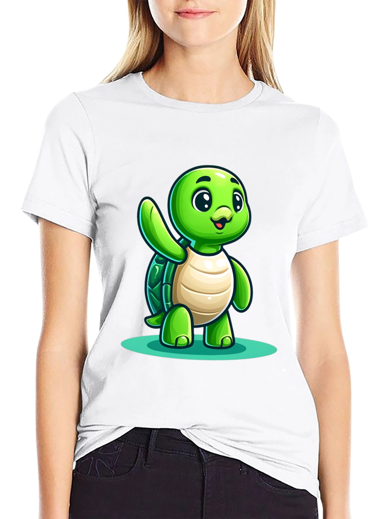 Cute Turtle Graphic Tee - Black Cotton Blend