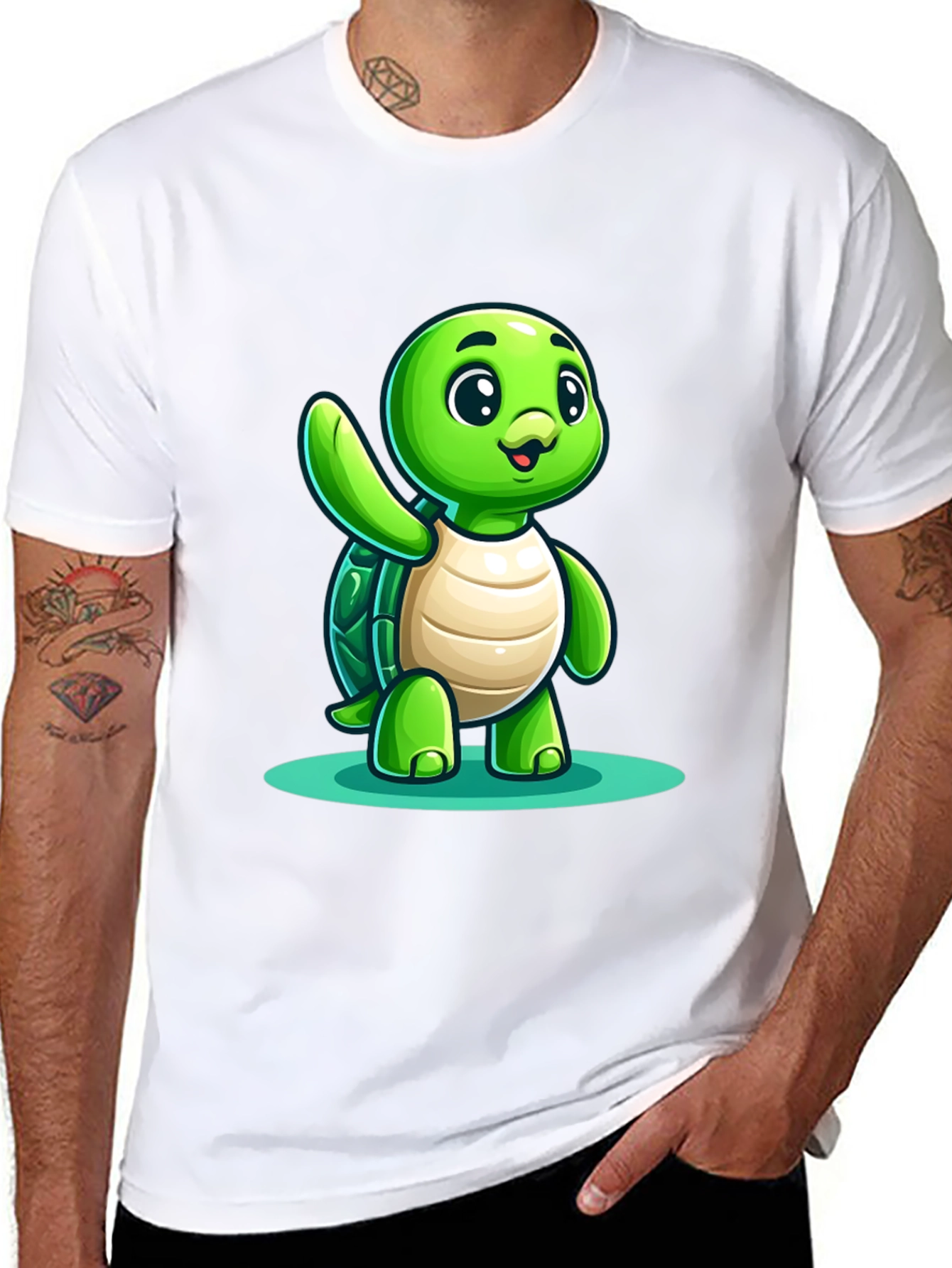 Cute Turtle Graphic Tee - Black Cotton Blend