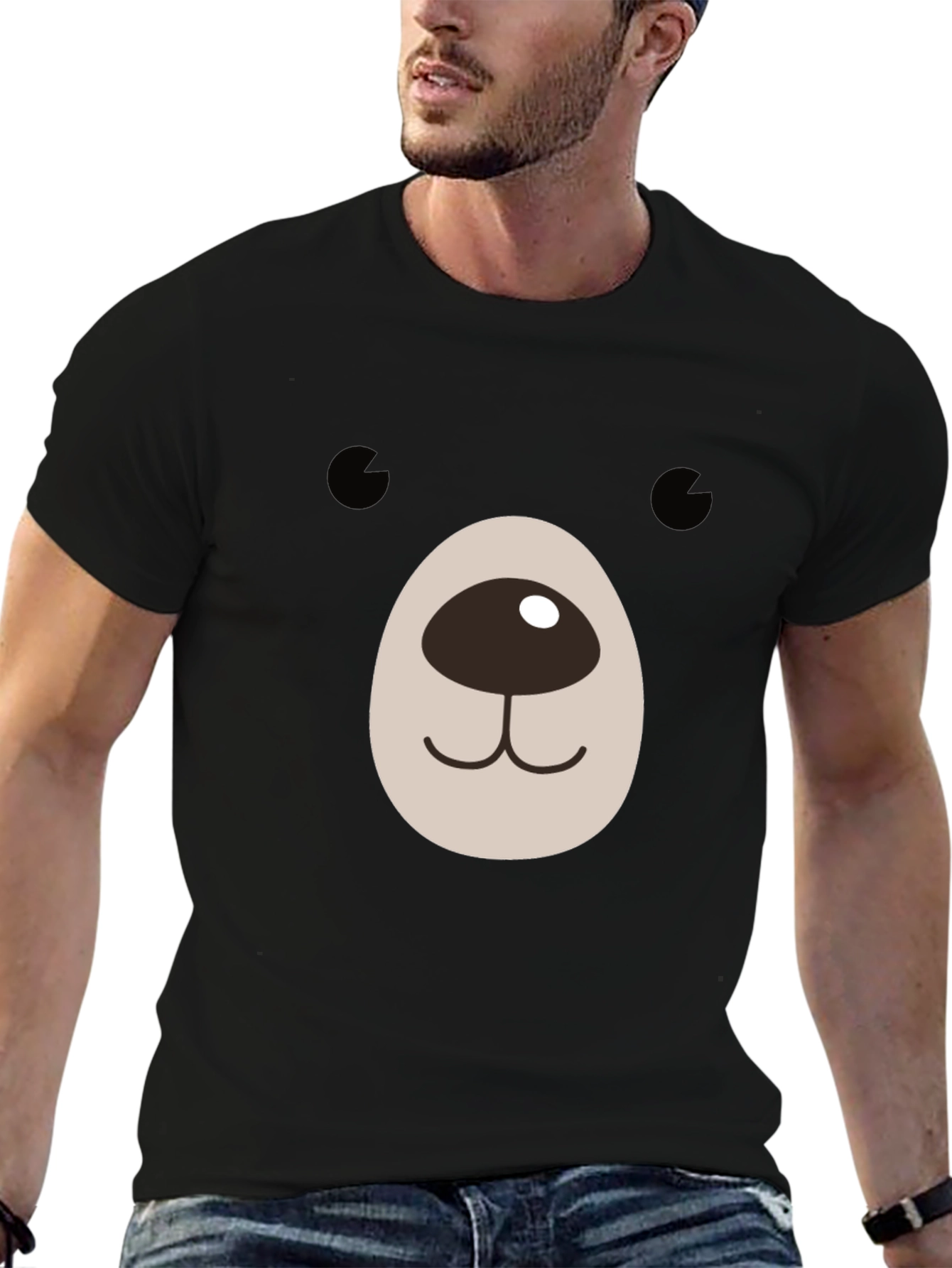 Cute Bear Face Graphic Black T-Shirt