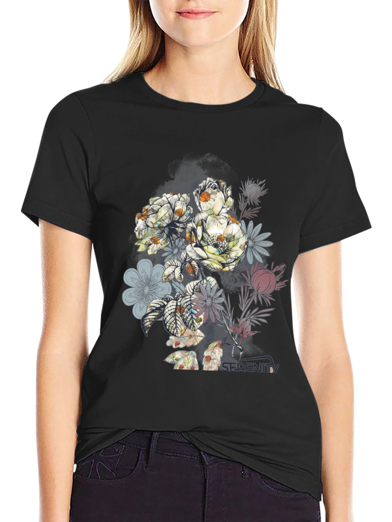 Floral Serenity Black Graphic Tee