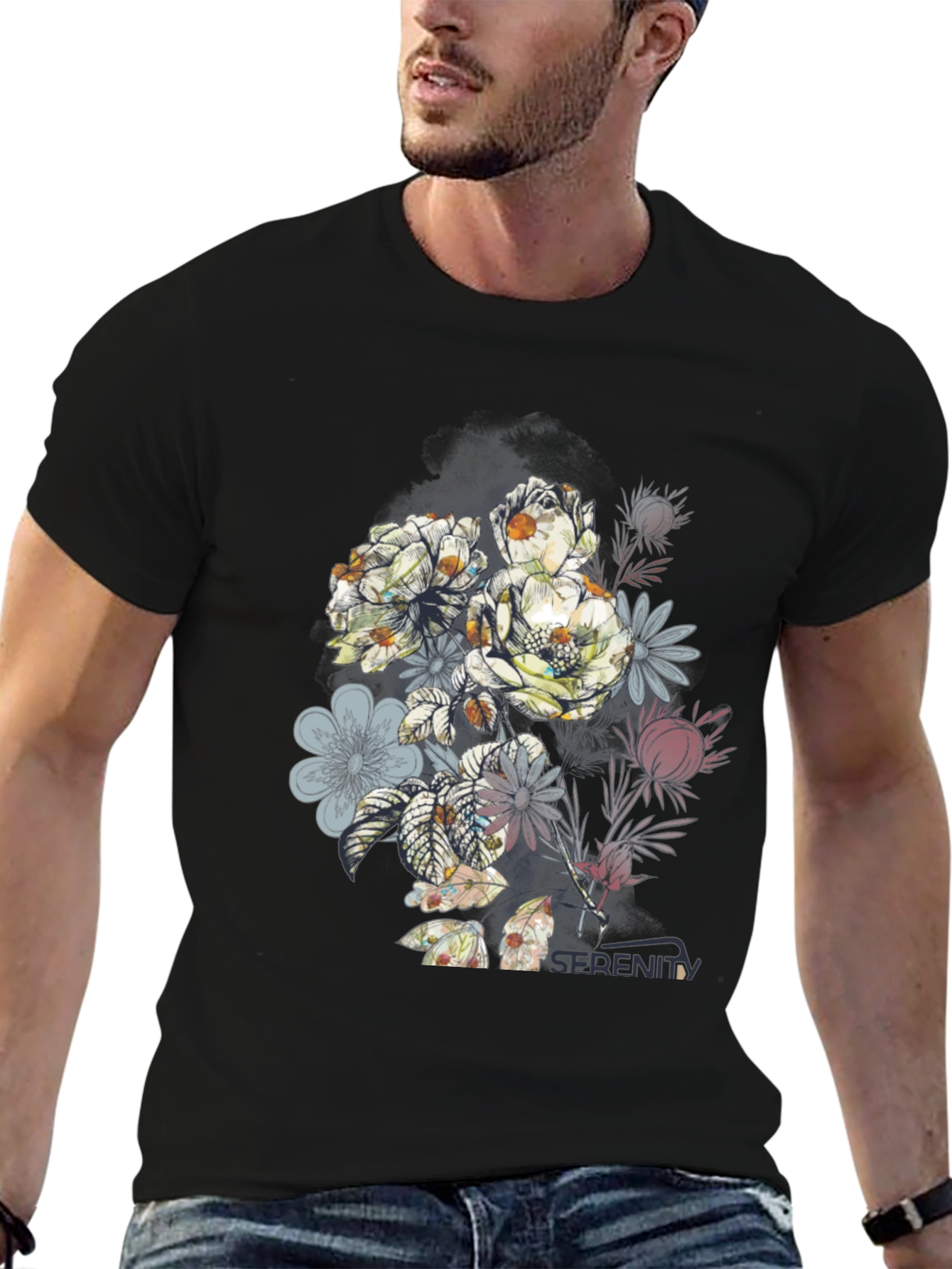 Floral Serenity Black Graphic Tee