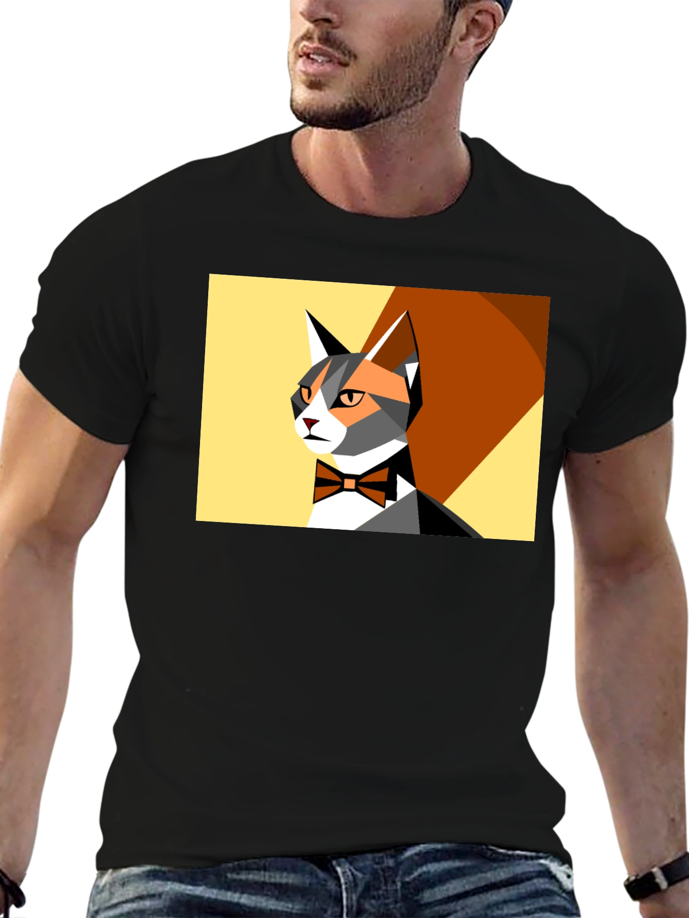 Geometric Cat Bowtie Graphic Tee - Modern Style