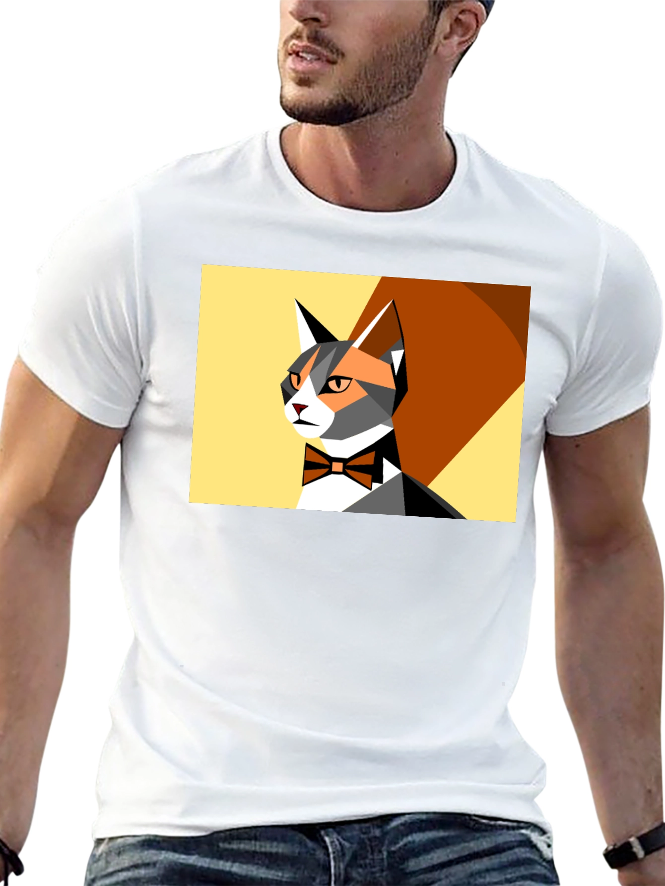 Geometric Cat Bowtie Graphic Tee - Modern Style